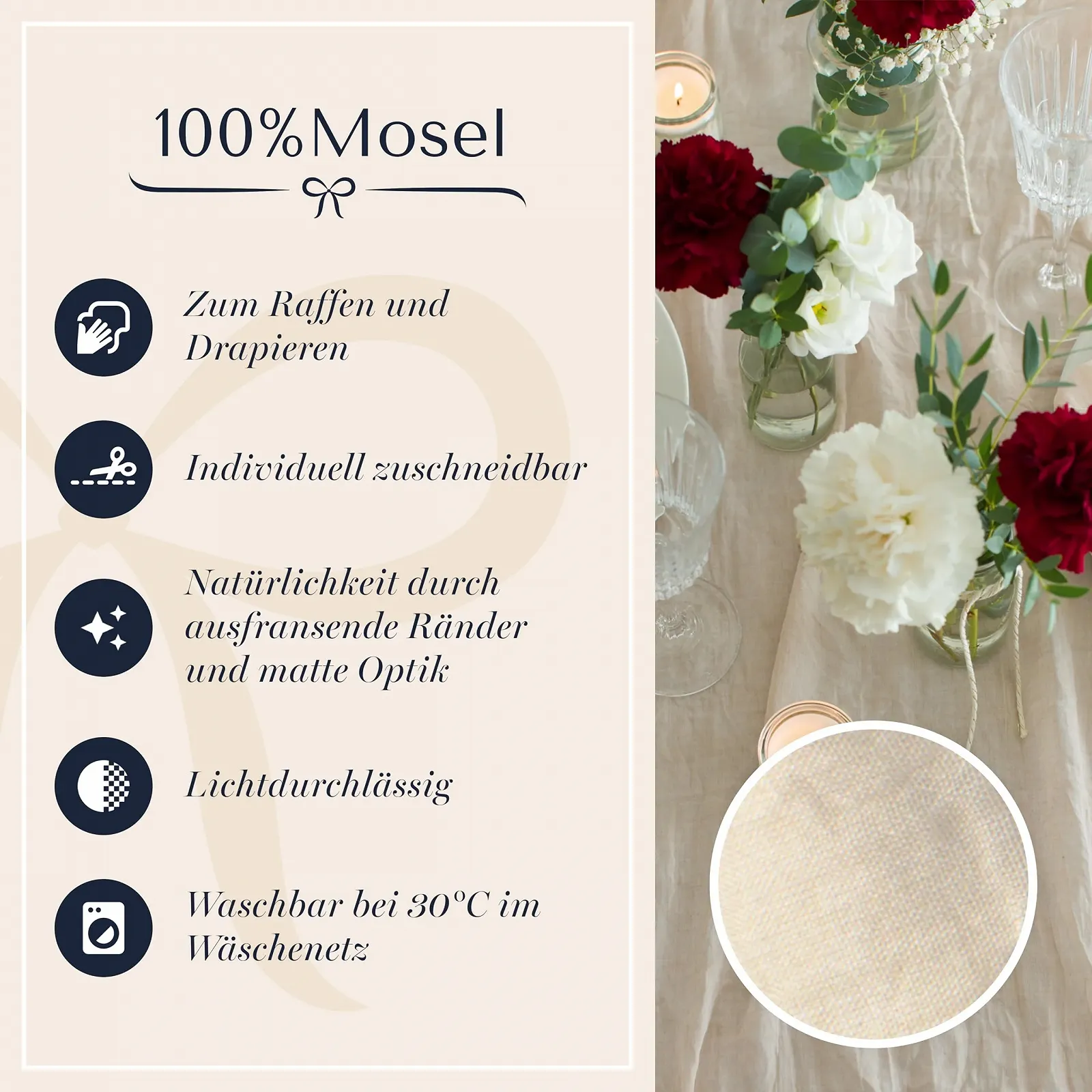 Ранер для столу 100%Mosel Muslin 48 см x 5 м 66 г/м² Натуральний бежевий, фото №5 Ранер для столу 100%Mosel Muslin 48 см x 5 м 66 г/м² Натуральний бежевий, фото №5