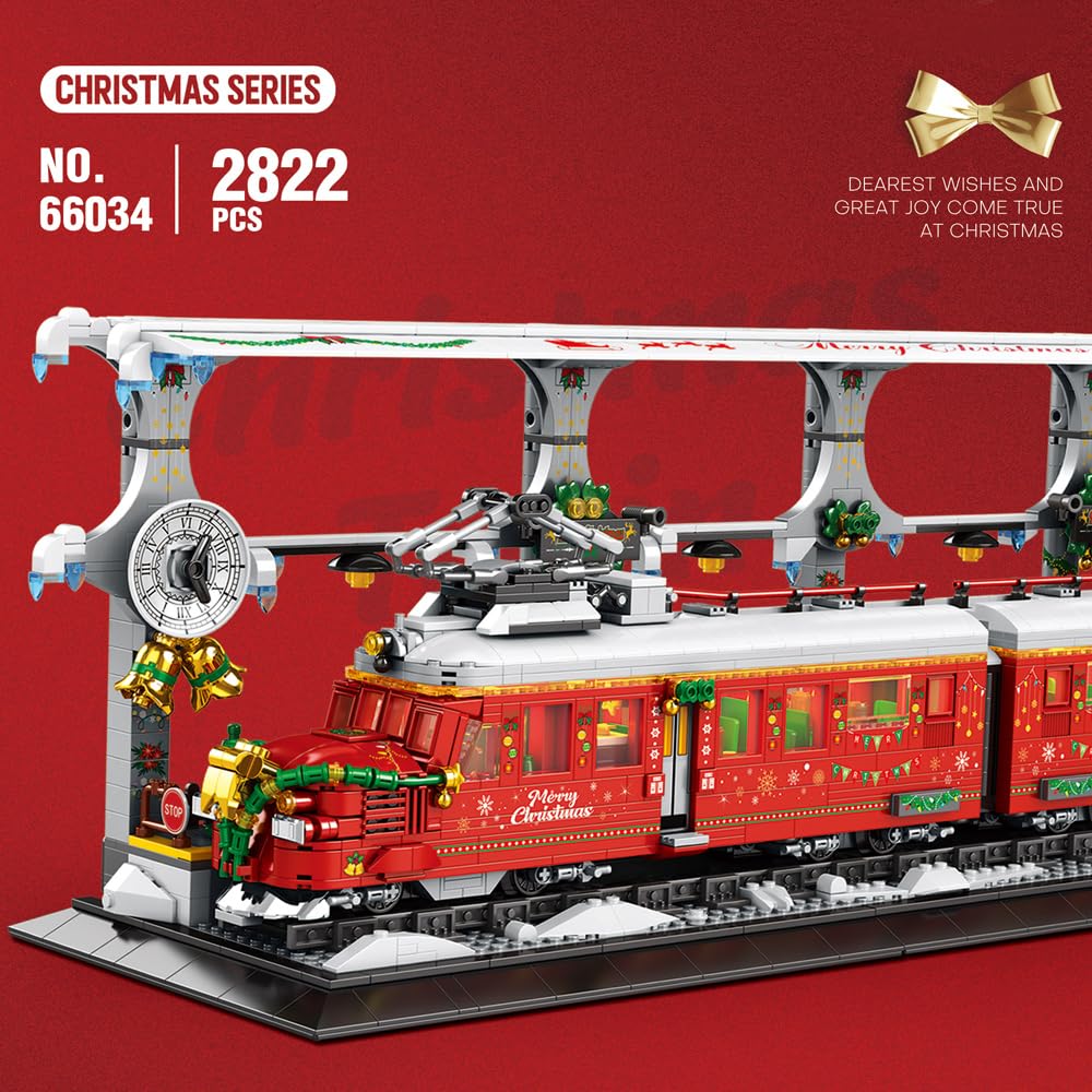 Потяг Reobrix 66034 Winter Christmas Train на 2282 частини, з освітленням, треками, затискними блоками, різдвяними прикрасами, фото №3