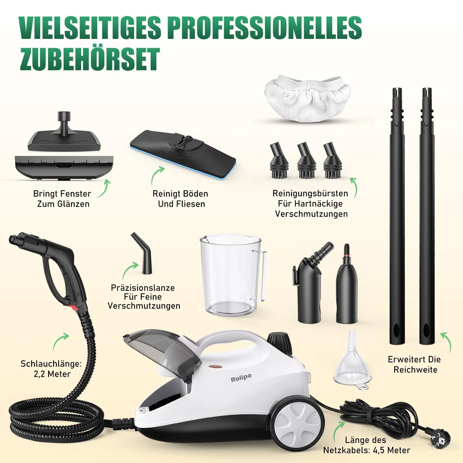 Пароочисник Rolipo 2000 W 4 бар 2 л 40 хвилин 160 °C 13 аксесуарів, фото №2