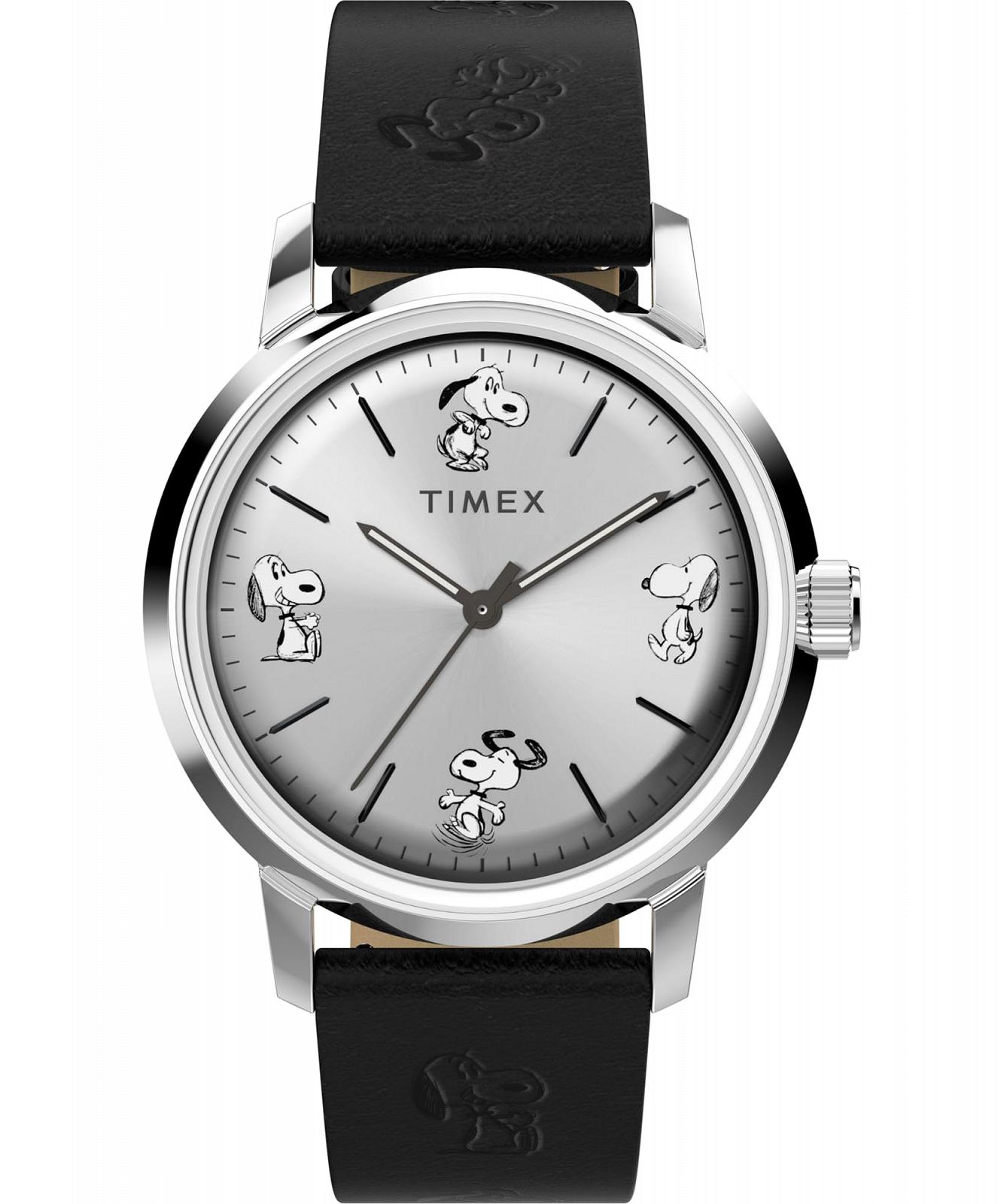 Автоматичний Годинник Timex Peanuts 40мм Чорний Шкіряний Ремінець Срібний Циферблат Корпус з нержавіючої сталі TW2W54000, фото №1
