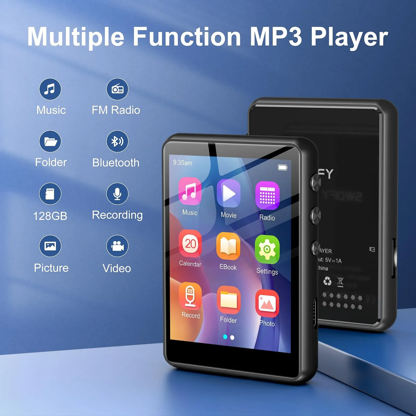 MP3-плеєр SWOFY 128GB, Bluetooth 5.3, 2.4-дюймовий сенсорний екран, HiFi звук, вбудований динамік, запис, FM-радіо, розширення до 512 GB, дитячий, Чорний, фото №7