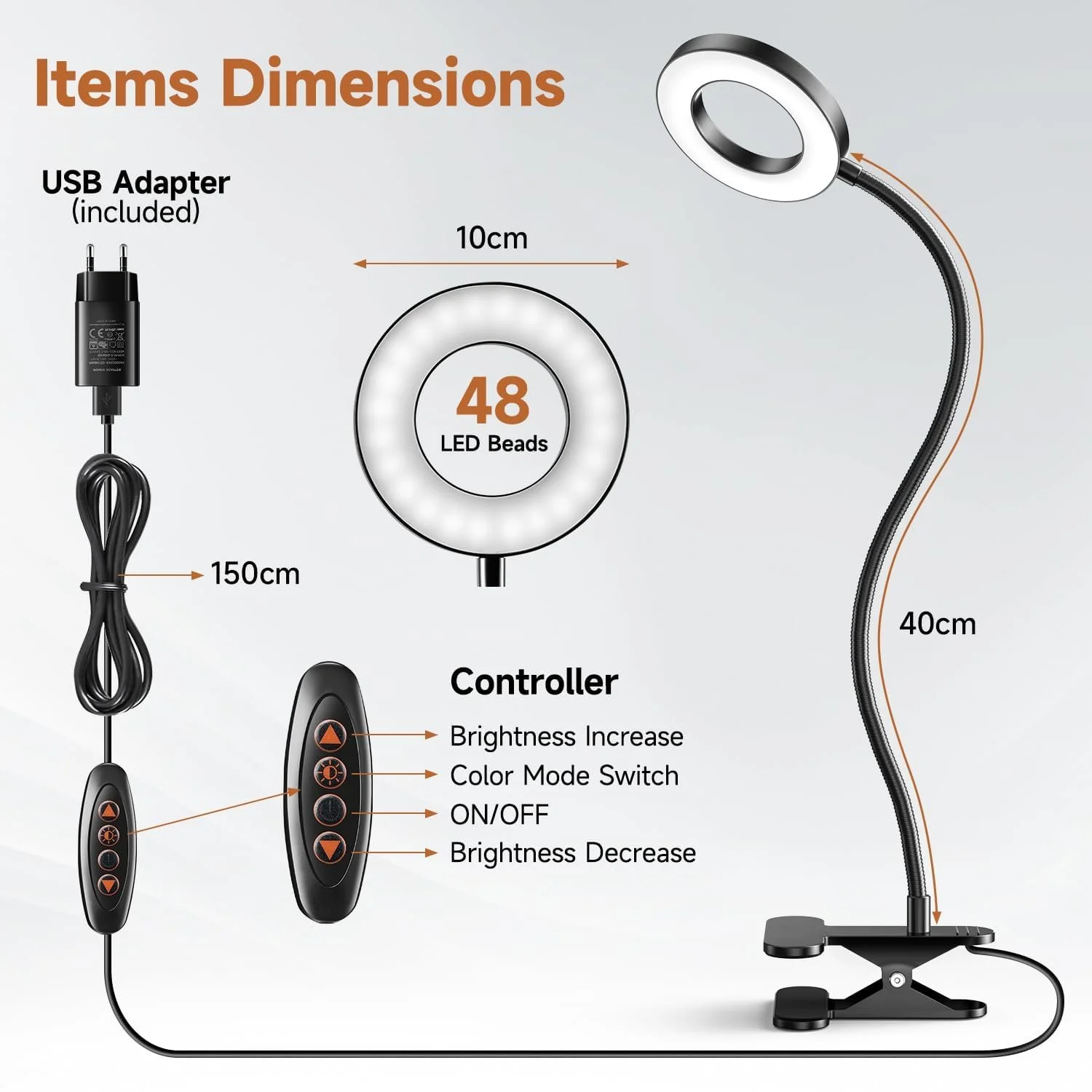 Лампа для читання One Fire 48 LED USB 10 W 40 cm 360° Flexible Clamp Lamp, фото №2