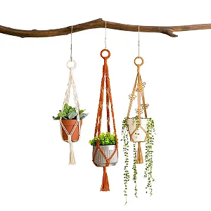 Подвесы для растений макраме 3 шт. хлопковая веревка плетеные разноцветные кисточки - Фото 1