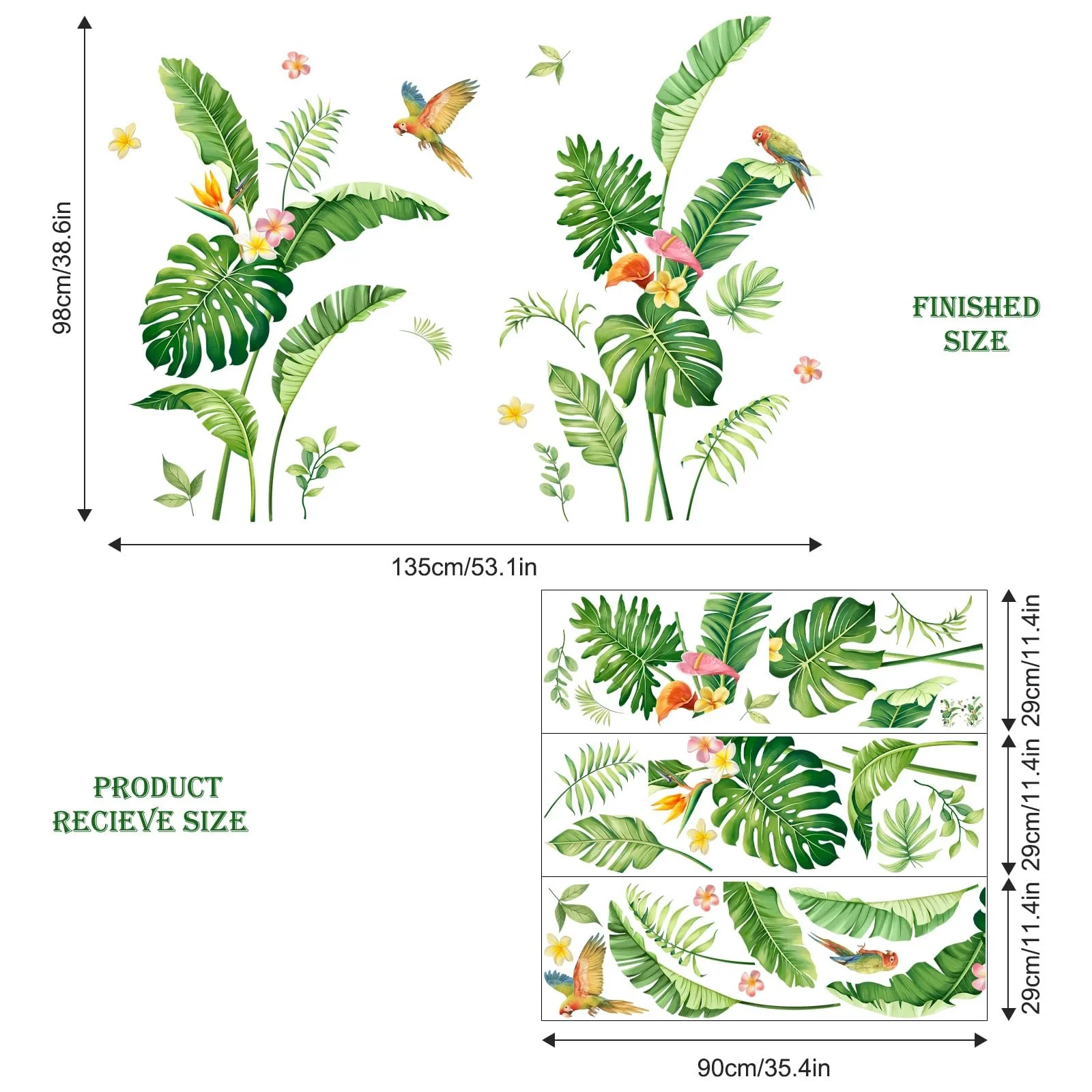 Наклейка на стіну Supzone Тропічне листя Пальма Монстера Квіти Птахи Зелена, фото №4