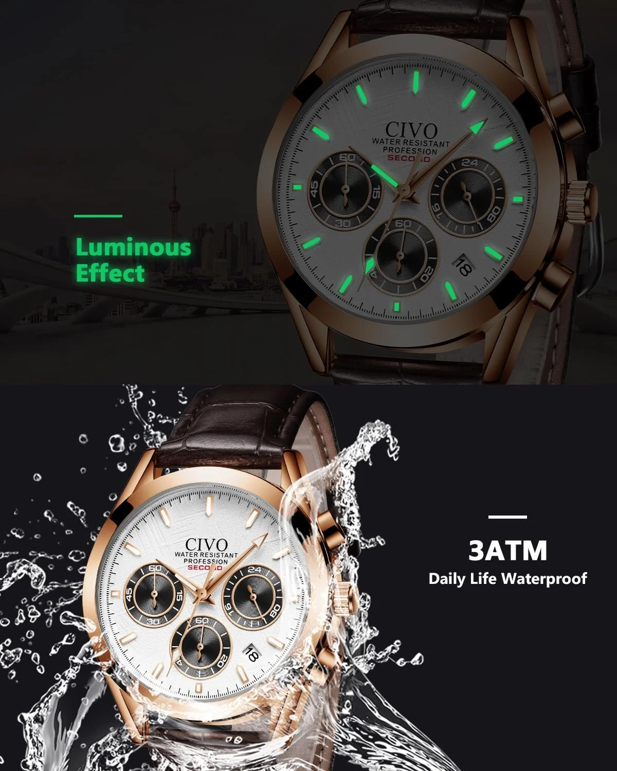 Чоловічий годинник CIVO Хронограф: аналоговий годинник з нержавіючої сталі зі шкіряним ремінцем, фото №5