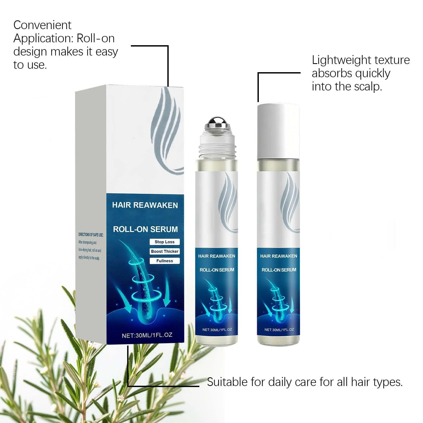 Сыворотка для роста волос Roll On, 30 мл*2, роллерная сыворотка для волос, блокирующая сыворотка для кожи головы, стимулирует поток кислорода, уменьшает выпадение волос, для всех типов волос, фото №5