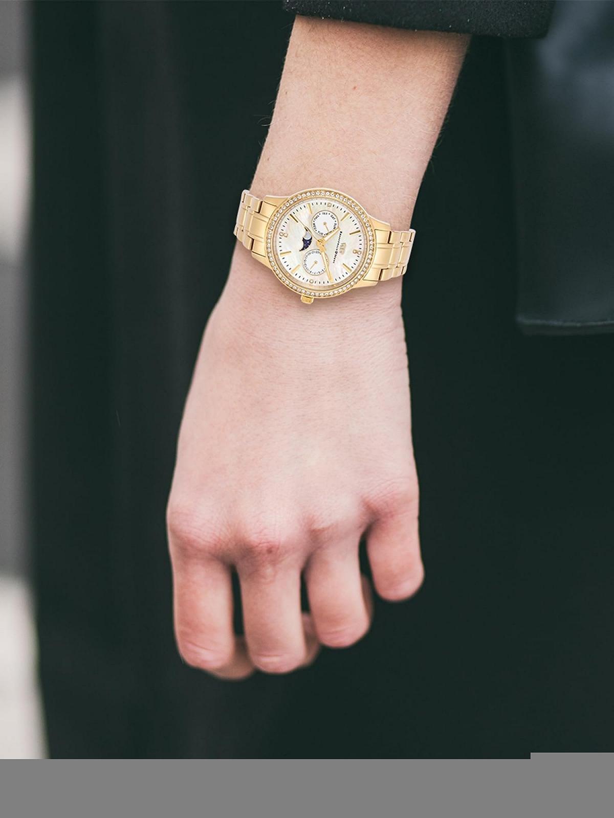 Женские часы Rhodenwald & Söhne Кварцевые Аналоговые Многофункциональные 10010438 С браслетом из нержавеющей стали Желтое Золото Украшенные кристаллами, золотистый, Без мотива, фото №4