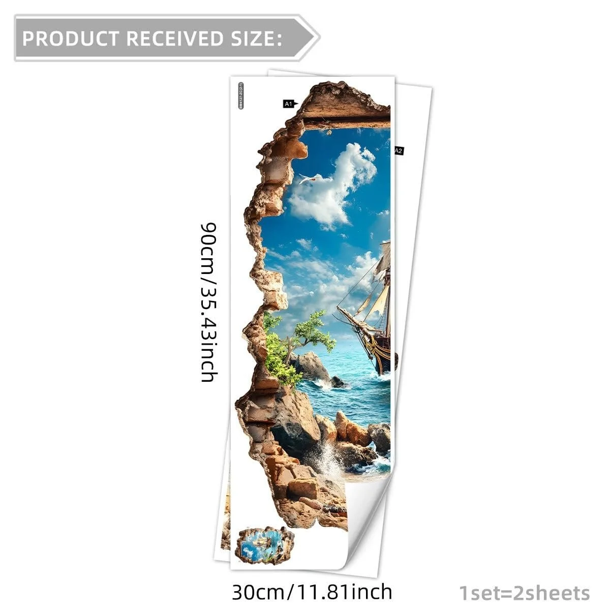 Настенная наклейка 3D Парусник Корабль Вид на море сквозь каменную стену 60 x 90 см Самоклеящаяся, фото №5