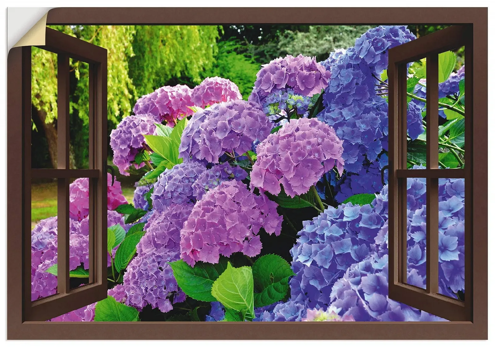Наклейка на стіну Artland Aquaphoto Window View Hydrangeas in the Garden Вінілова плівка Пурпуровий, фото №1