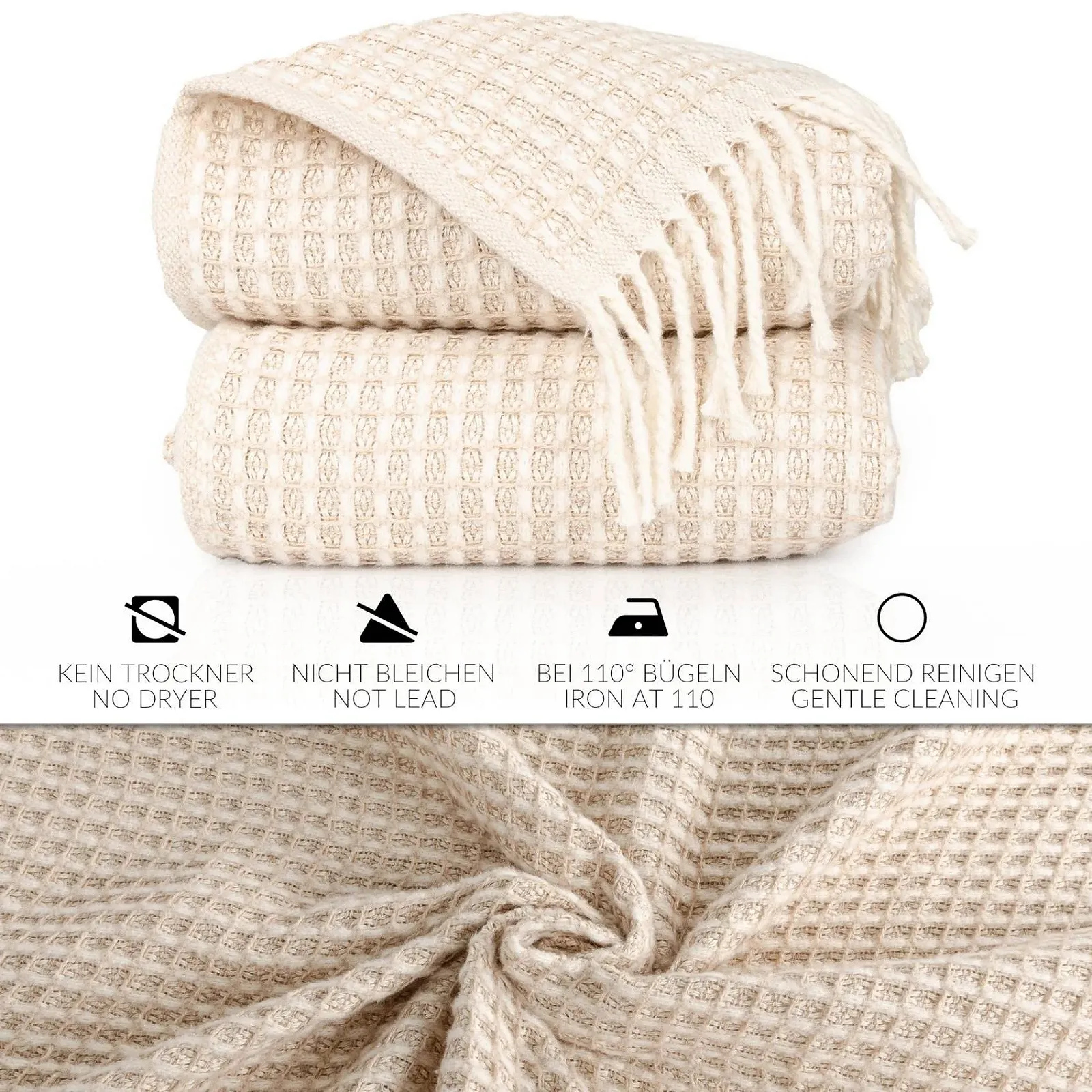 Покрывало ANRO Beatriz Плед, Накидка на диван, Покрывало на диван, Плед для гостиной, Покрывало на кровать с бахромой, 150 x 200 см, Бежевый, фото №6