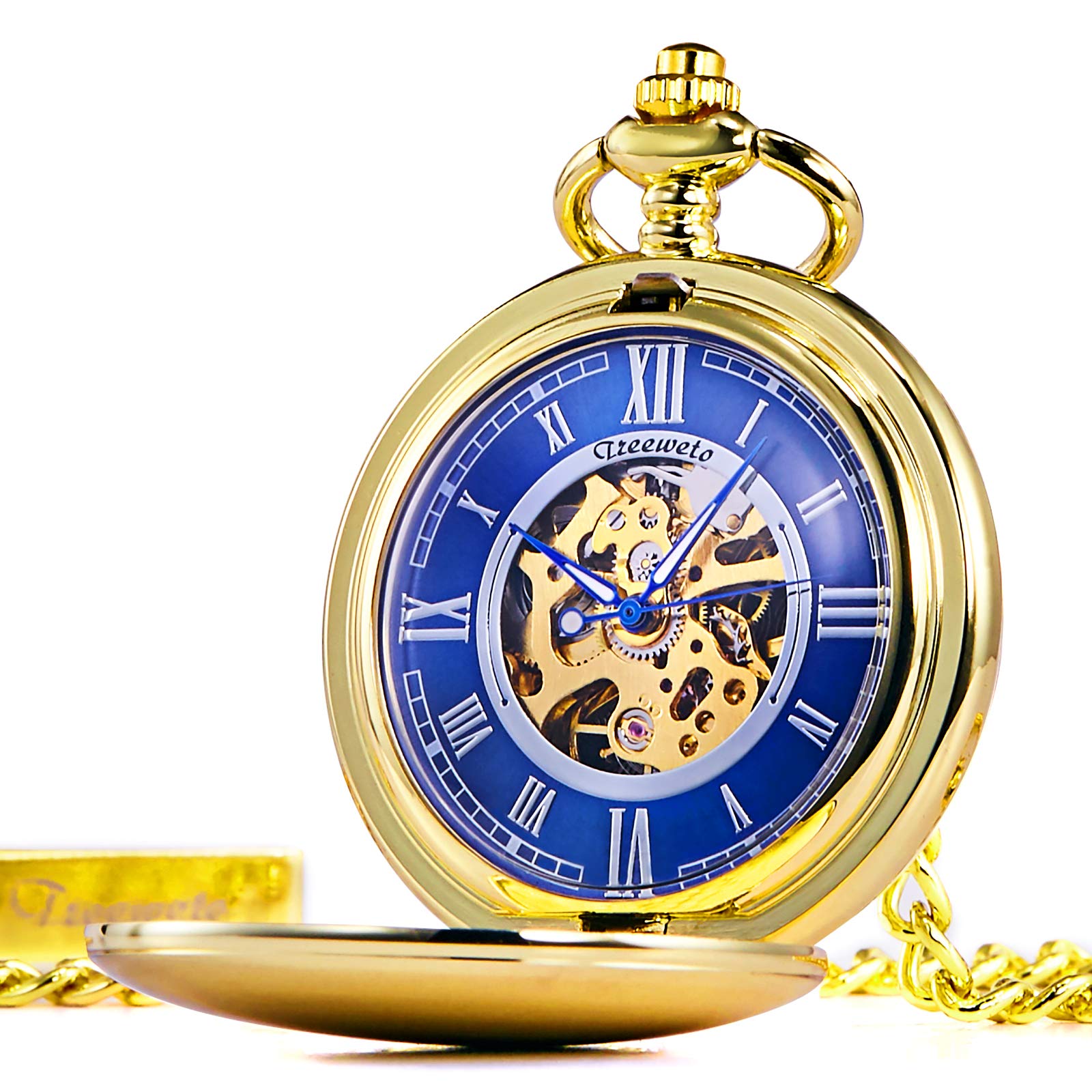 Кишеньковий годинник TREEWETO Smooth Double Case Skeleton Dial Delicate Mechanical Movement з ланцюжком золотий, фото №2