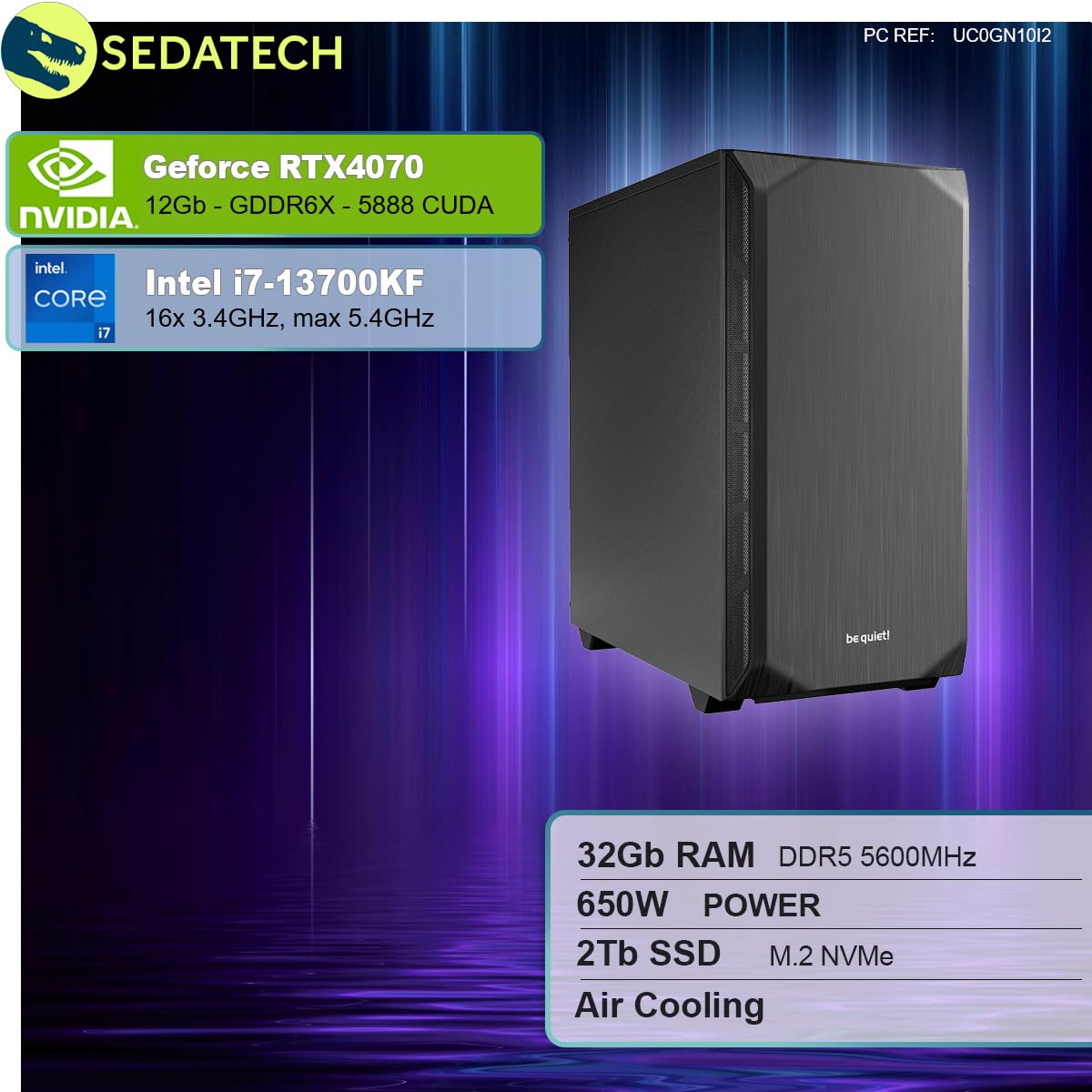 Комп'ютер Sedatech Silent Gaming PC Intel i7-13700KF Geforce RTX4070 32GB DDR5 2TB SSD M.2 WLAN BT Без ОС, фото №2