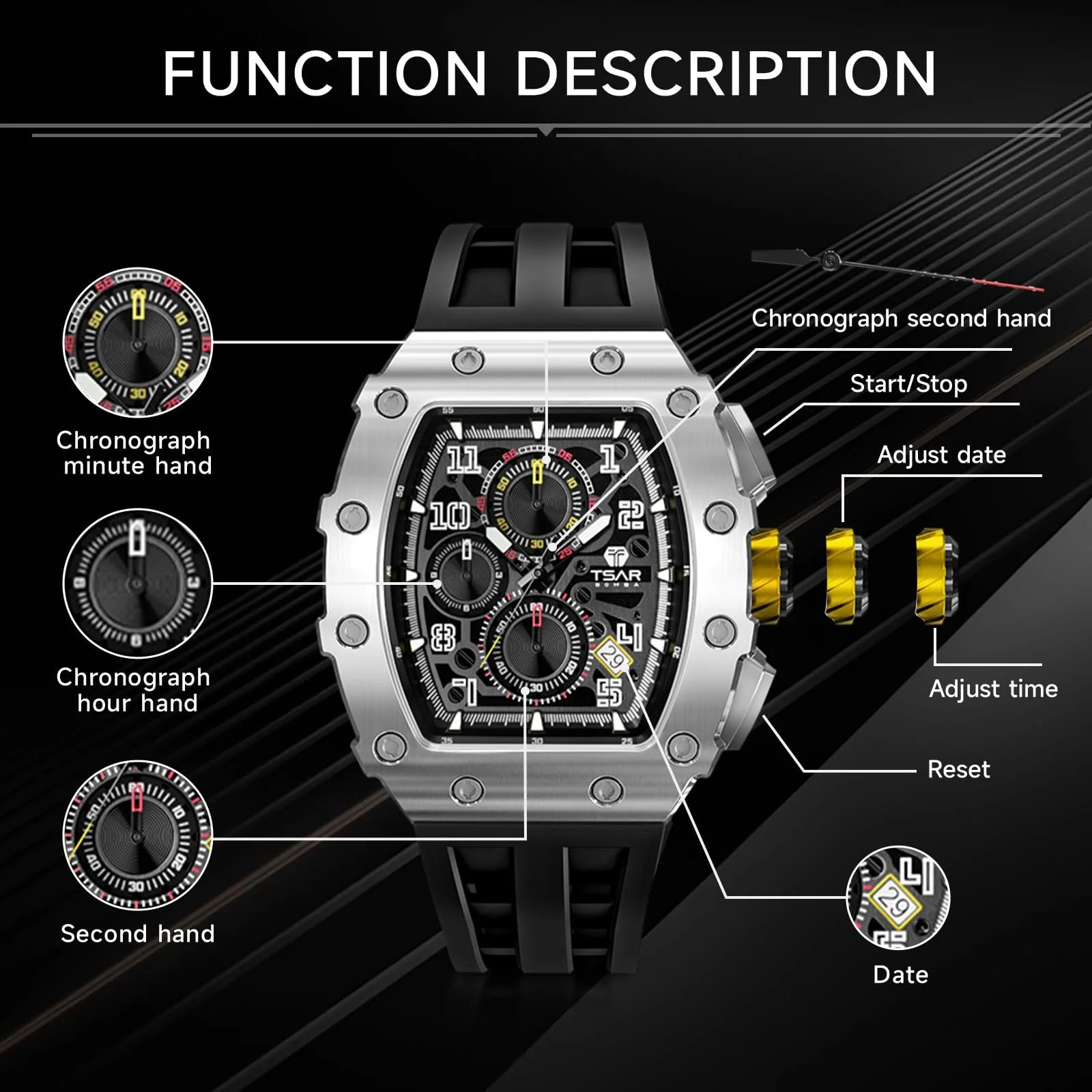 Мужские часы TSAR BOMBA Кварцевые Хронограф Водонепроницаемые Мужские часы для Мужчин Элегантные Корпус из нержавеющей стали/Углеродное волокно/Бриллиантовый корпус/Смола Бизнес/Спорт/На открытом воздухе/В помещении, фото №5 Мужские часы TSAR BOMBA Кварцевые Хронограф Водонепроницаемые Мужские часы для Мужчин Элегантные Корпус из нержавеющей стали/Углеродное волокно/Бриллиантовый корпус/Смола Бизнес/Спорт/На открытом воздухе/В помещении, фото №5