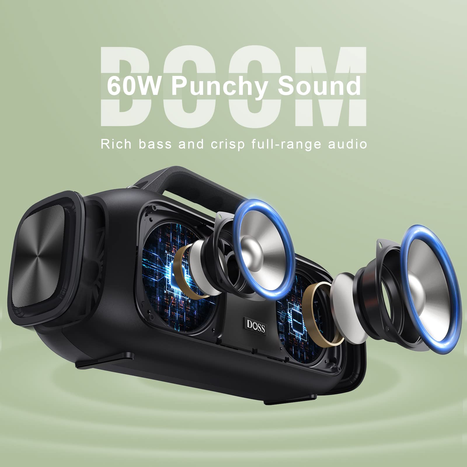 Колонка DOSS Extreme Boom Bluetooth з водонепроникністю IPX6, 60 Вт інтенсивний бас, 30 годин часу відтворення, акумуляторна батарея 10400 мАг, стерео-парування, Bluetooth колонка з ручкою для внутрішнього та зовнішнього використання, фото №2