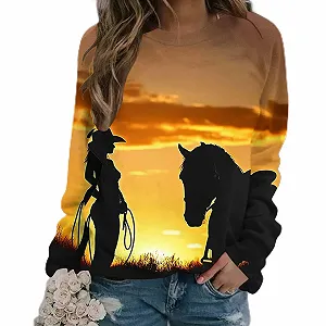 Рубашка с длинными рукавами Komiseup Basic, круглый вырез, свободный свитер без капюшона, западный ковбойский принт, праздничная спортивная рубашка, модный топ с принтом лошади, подростковая девушка, уличная одежда 08 - Фото 1