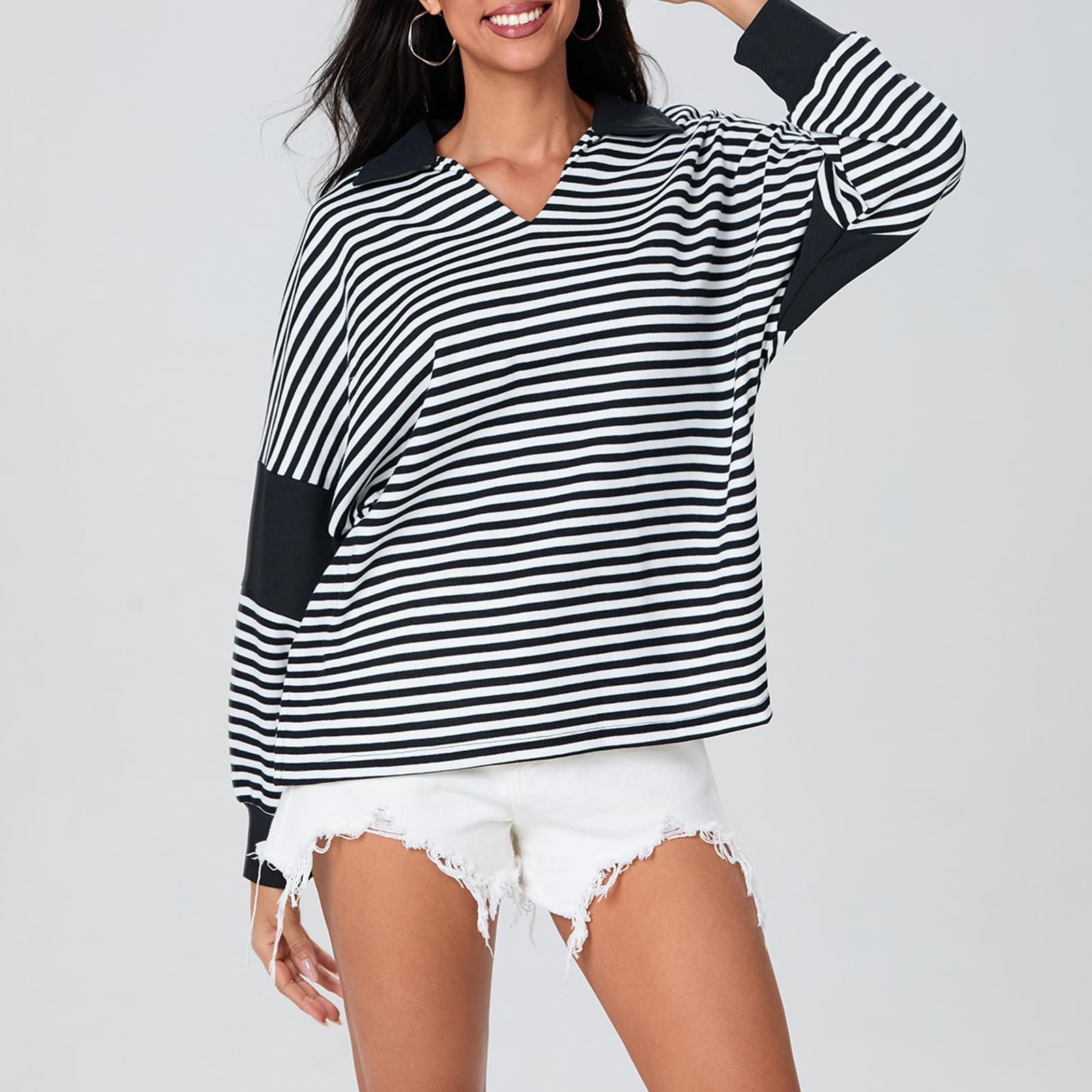 Женский полосатый свитшот SANSIWU, контрастный цвет, длинный рукав, воротник с лацканами, на пуговицах, осенне-зимний, Y2K, повседневный, большой пуловер, фото №3