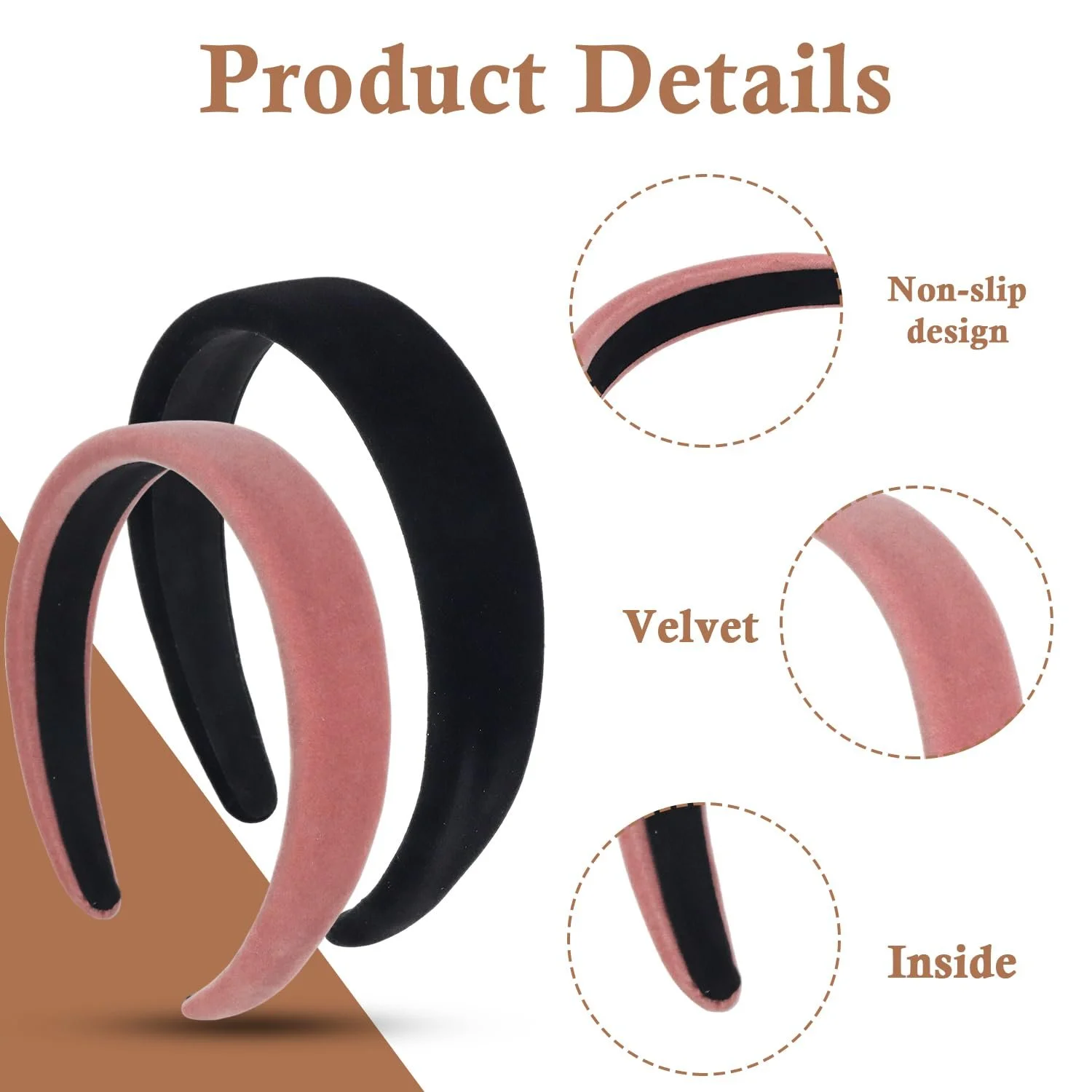 Набір з 2 жіночих обручів на голову Velvet Black + Pink, фото №2