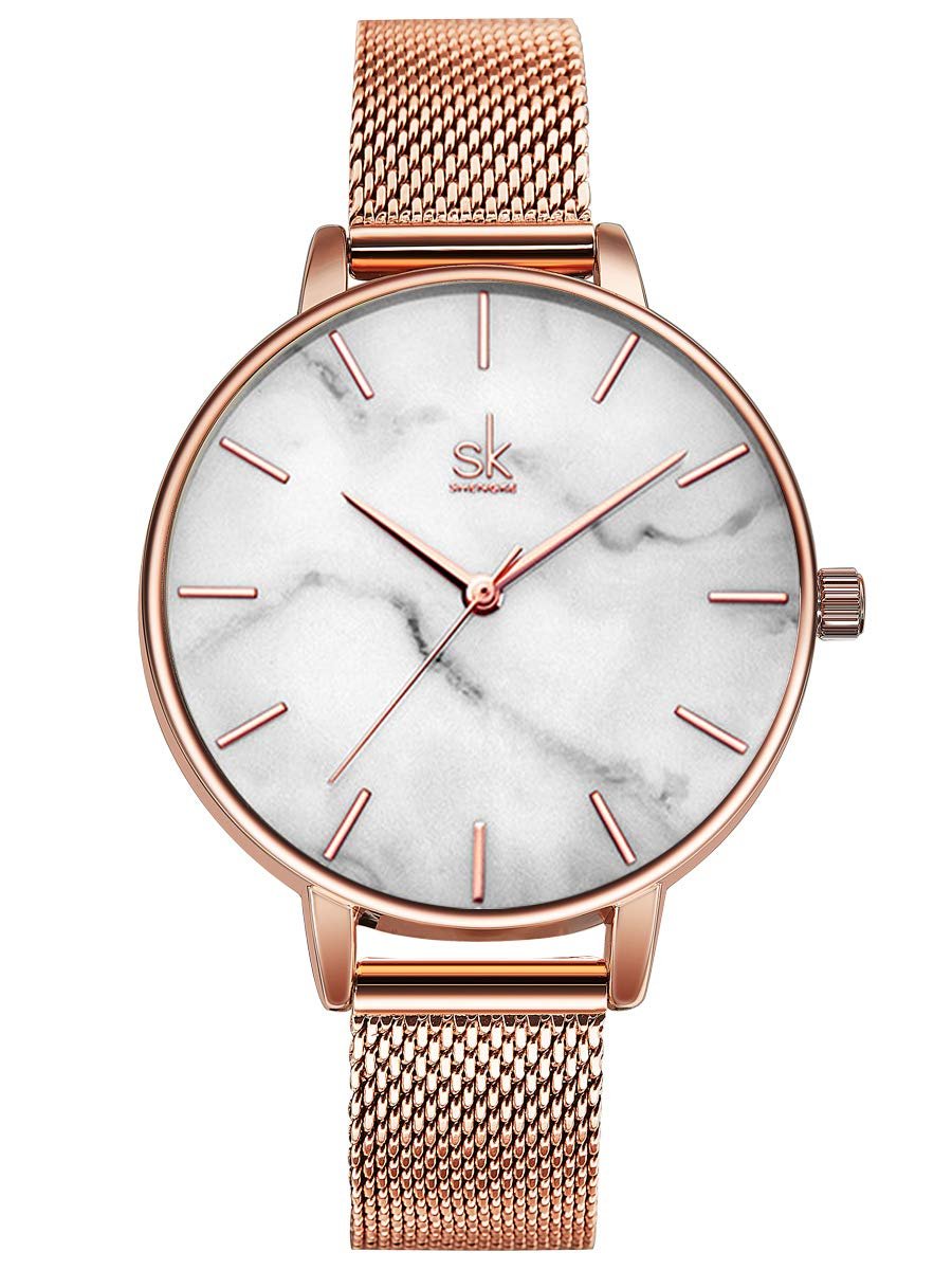 Жіночий Годинник Alienwork Rose Gold Браслет з металевої сітки, нержавіюча сталь, білий, ультратонкий, рожеве золото / білий, рожеве золото / сітчастий браслет, рожеве золото, Браслет, фото №1