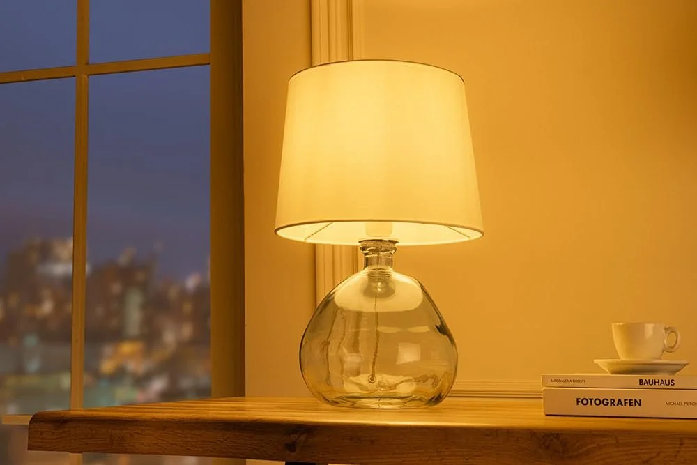 Настільна лампа Riess Ambiente Classic 45 см прозоро-біла з переробленого скла з тканинним плафоном, фото №3