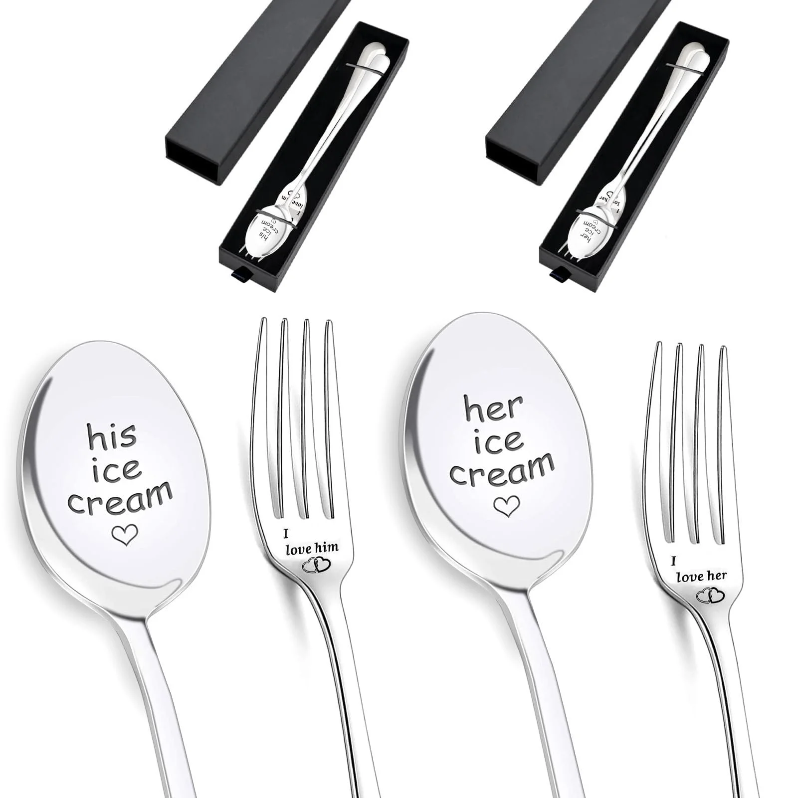 Набор из 6 кофейных ложек ко Дню святого Валентина и гравированной вилки, фото №1