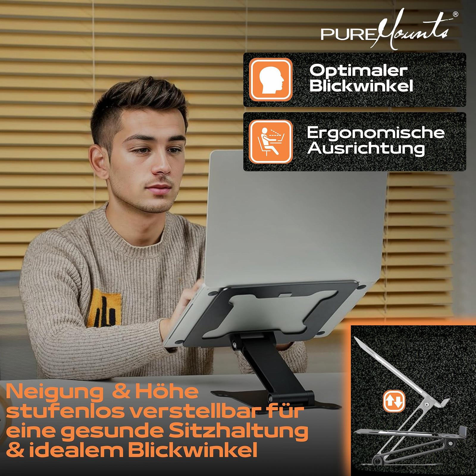 Підставка для ноутбука PureMounts, регульована по висоті, складана та ергономічна, плавно регульована алюмінієва, фото №4