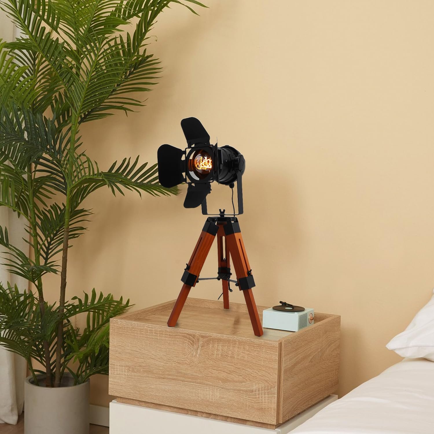 Настільна лампа Alpinaluz Vintage Industrial E27 дерев'яний штатив чорний прожектор, фото №8
