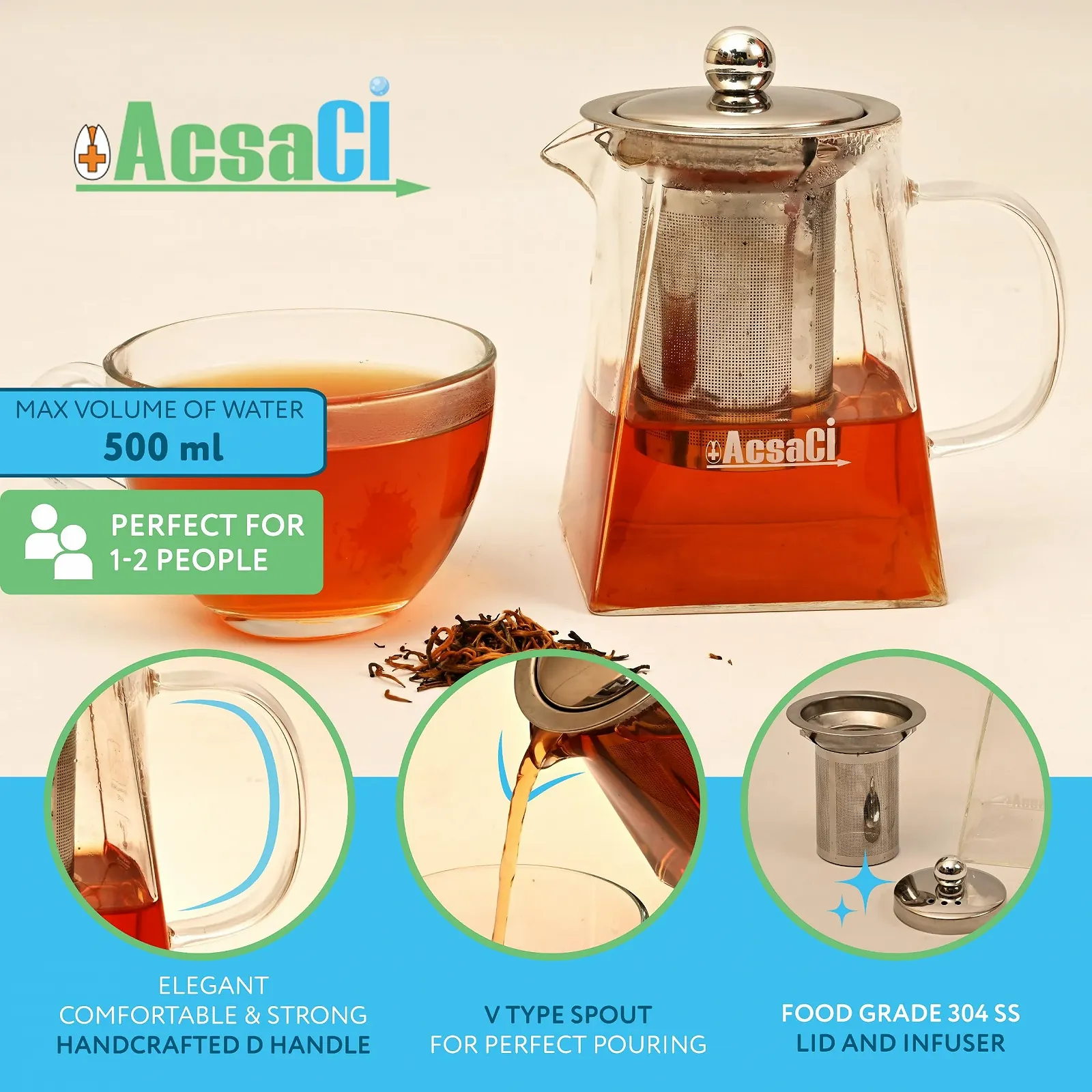 Чайник-заварник AddAcsaCi Premium стеклянный 500 мл Квадратная форма дна 304 нержавеющая сталь пищевая, фото №4
