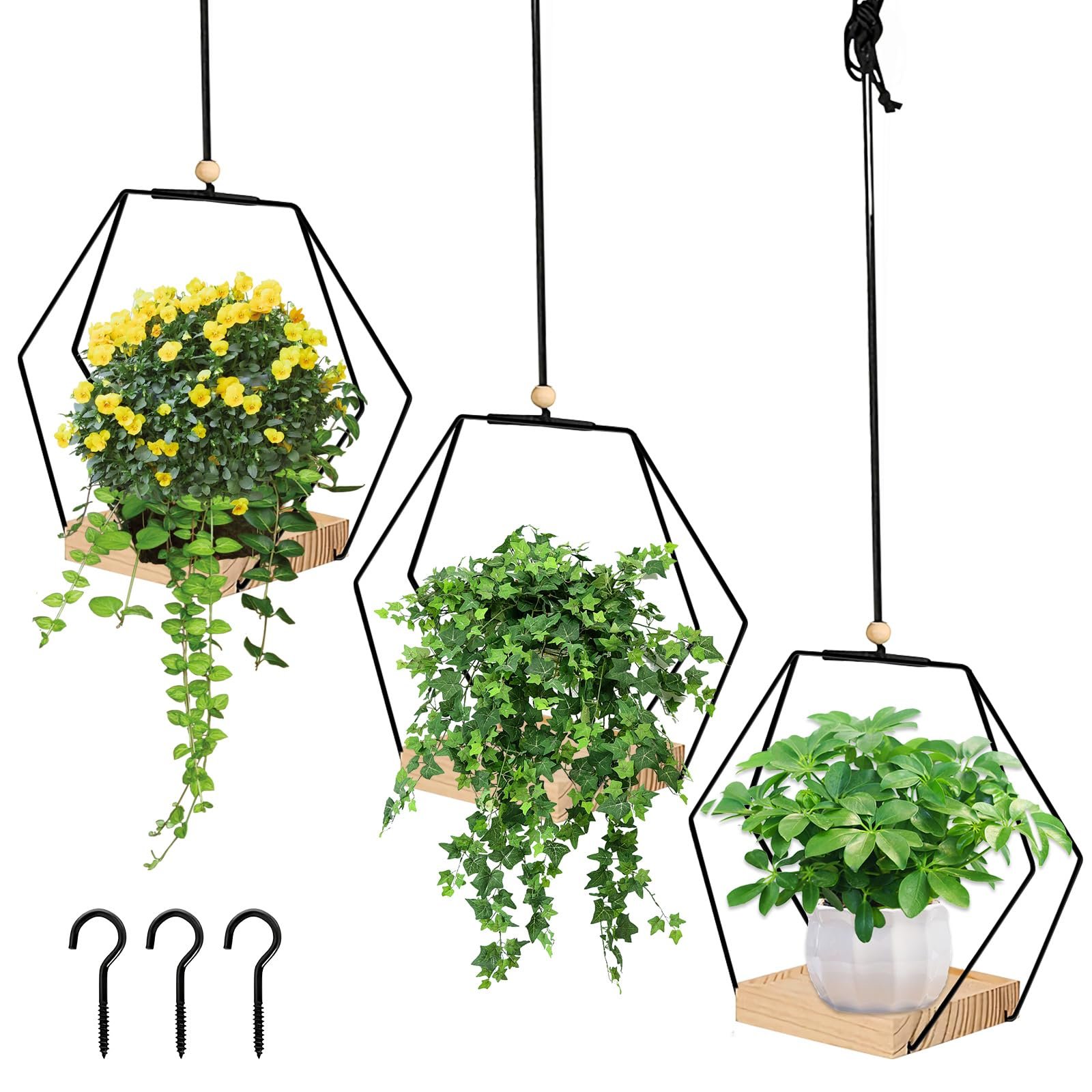 Підвісні кошики набір 3 шт. металеве кільце дерев'яна основа Бохо чорні, фото №1