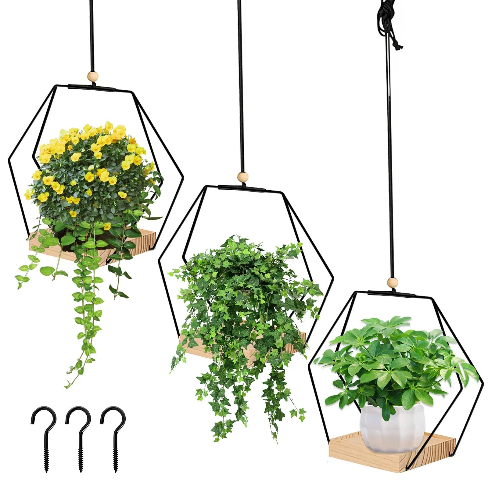 Подвесные корзины набор 3 шт. металлическое кольцо деревянное основание Бохо черные, фото №1