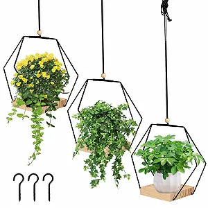 Підвісні кошики набір 3 шт. металеве кільце дерев'яна основа Бохо чорні - Фото 1