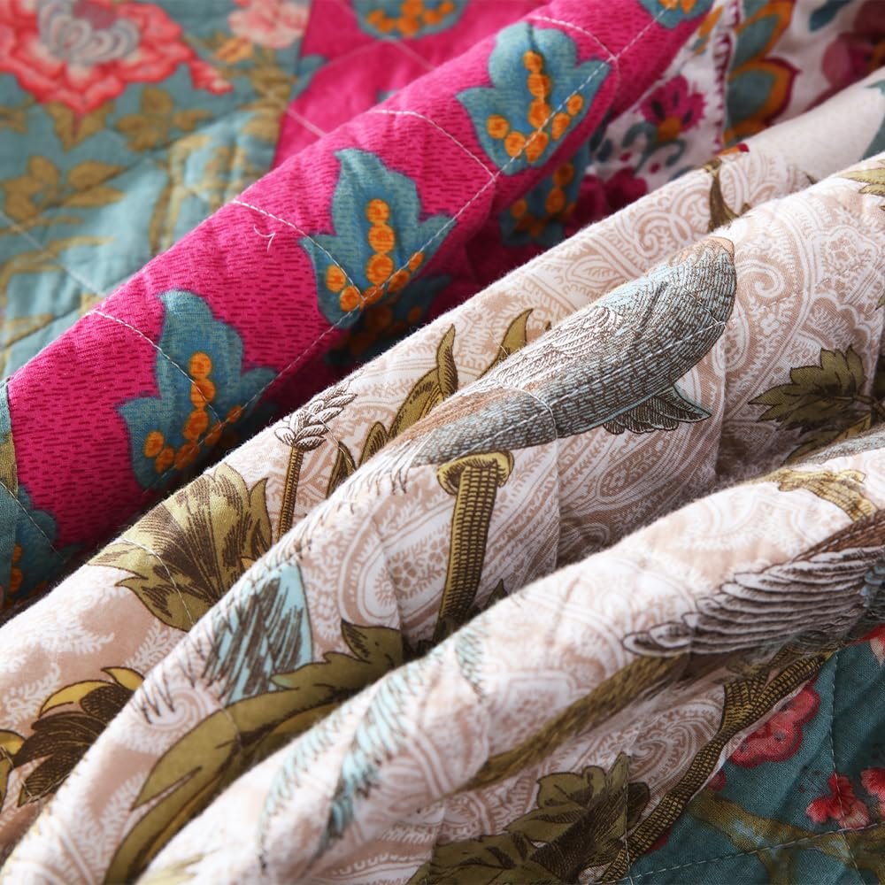 Покривало VISIMISI, набір бавовняна Покривало з 2 наволочками, клаптиковий стиль з квітковим візерунком, фото №7