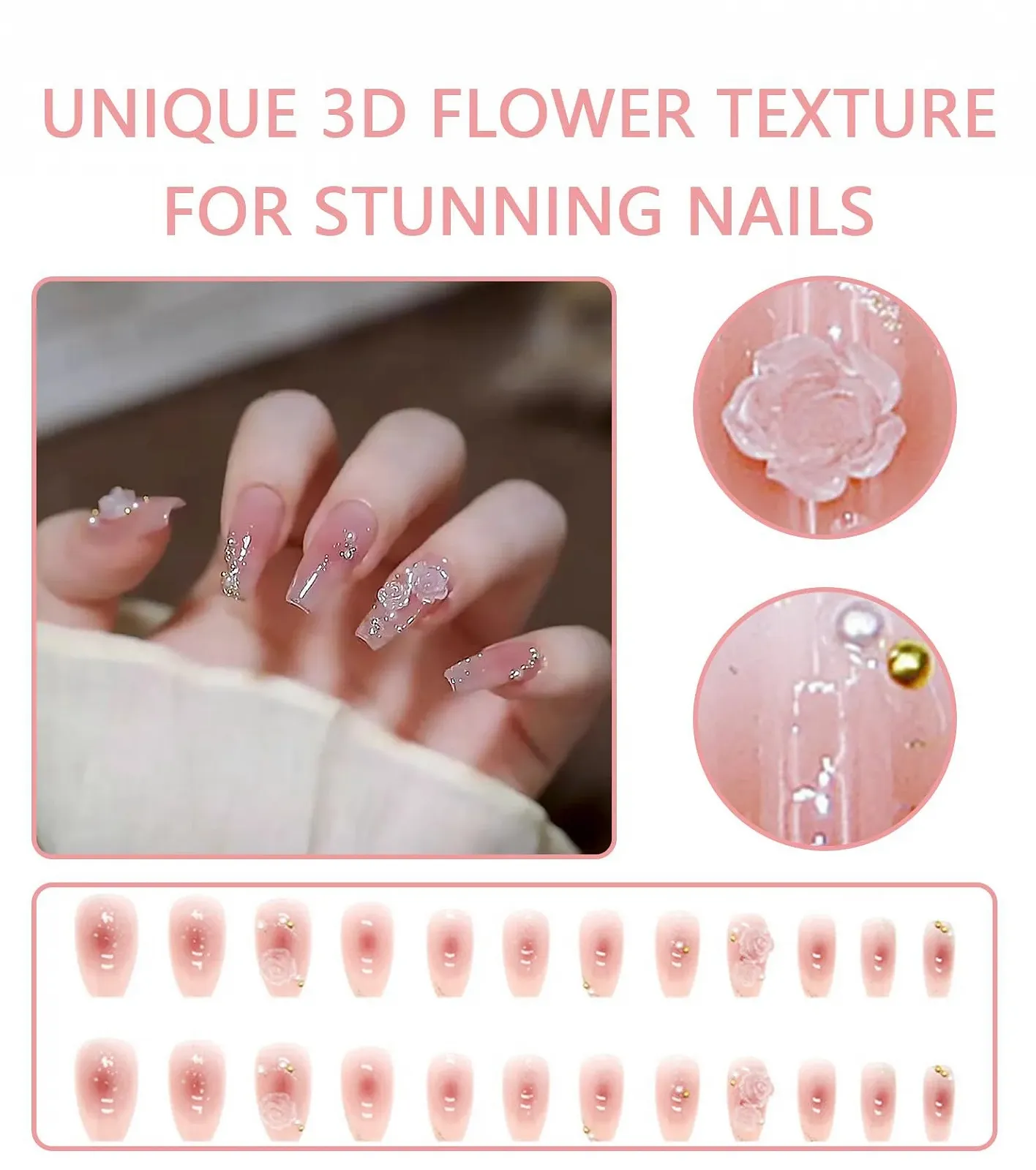 Накладные ногти TAKONE Press On Nails 24 шт., 3D цветы камелии, средние квадратные, французский дизайн, самоклеящиеся, фото №3 Накладные ногти TAKONE Press On Nails 24 шт., 3D цветы камелии, средние квадратные, французский дизайн, самоклеящиеся, фото №3