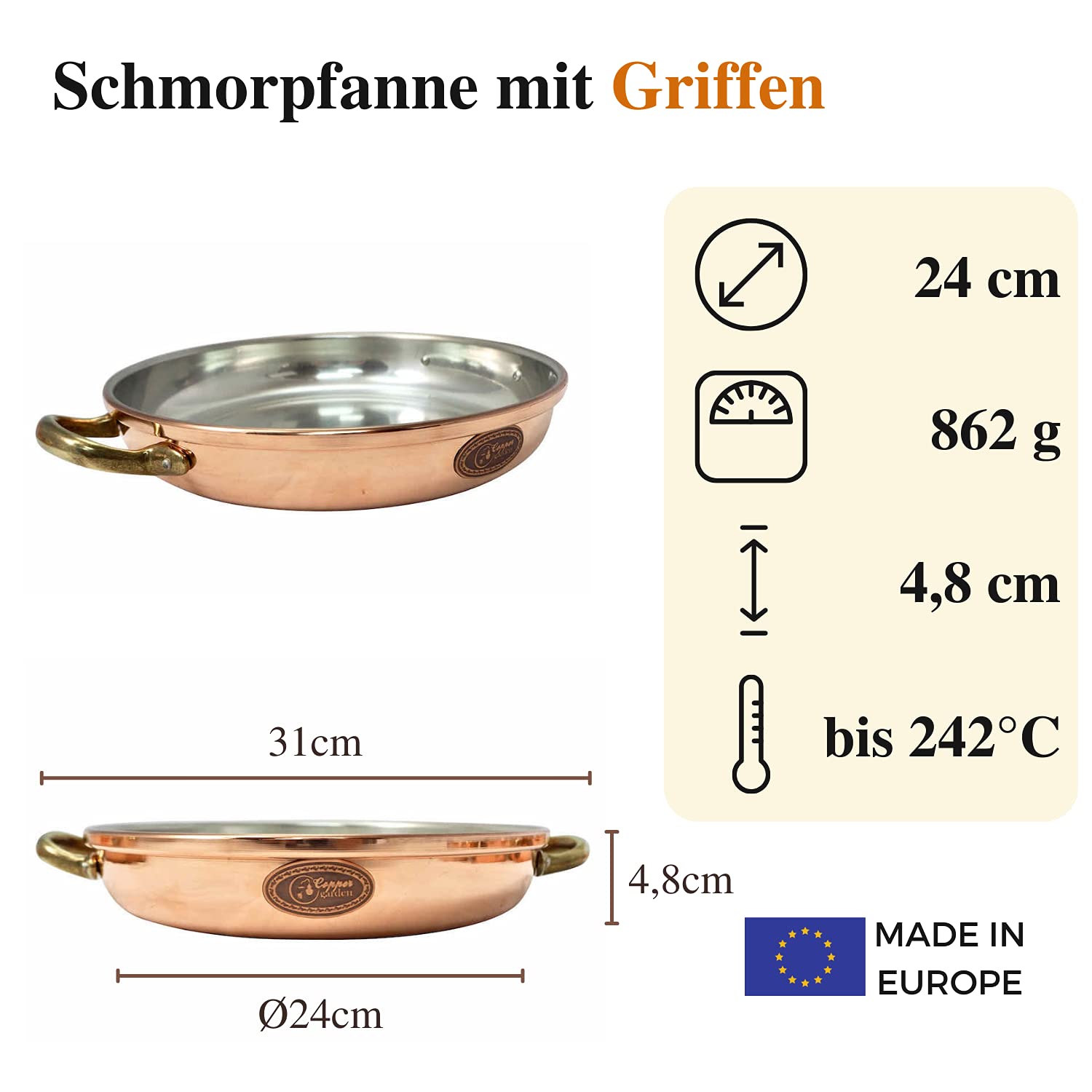 Сотейник Copper Garden Copper 24 см с ручками I Медная сковорода с пищевым оловом: идеальная теплопроводность/распределение I Медная сковорода высокая и устойчивая для жарки, запекания, сервировки и т.д., фото №3 Сотейник Copper Garden Copper 24 см с ручками I Медная сковорода с пищевым оловом: идеальная теплопроводность/распределение I Медная сковорода высокая и устойчивая для жарки, запекания, сервировки и т.д., фото №3
