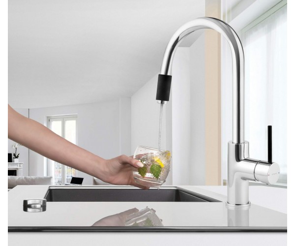 Deante Змішувач для кухні Aster довж виливу 206мм поворотний 1важіль хром-чорний, фото №5