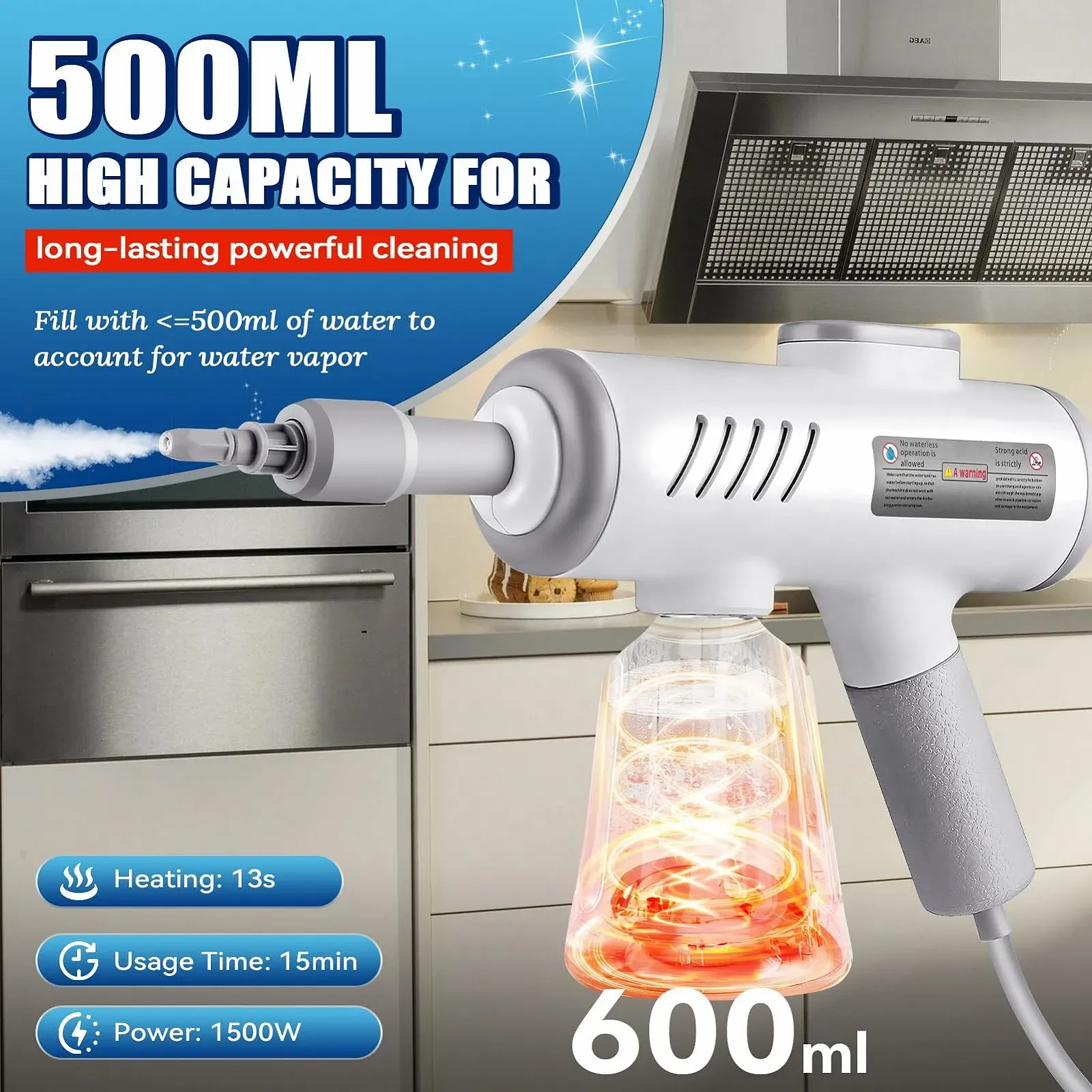 Ручний пароочисник 1500 Вт 8 аксесуарів 500 мл 3 бар, фото №2