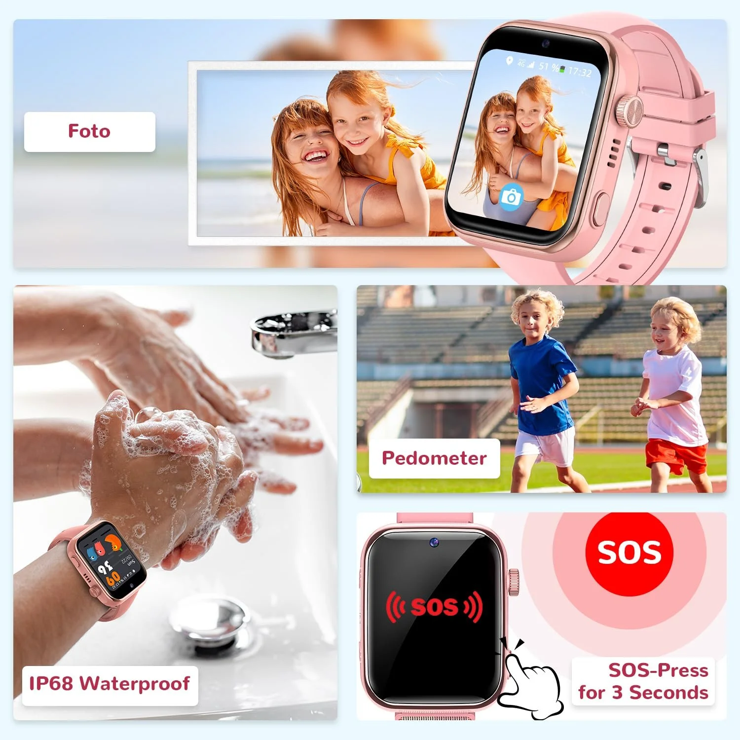 Детские Smartwatch 4G с видеозвонком и телефоном, IP68 водонепроницаемые, голосовой чат, WhatsApp, WiFi, GPS, SOS, SMS, школьный режим, шагомер, будильник сна для девочек, фото №7