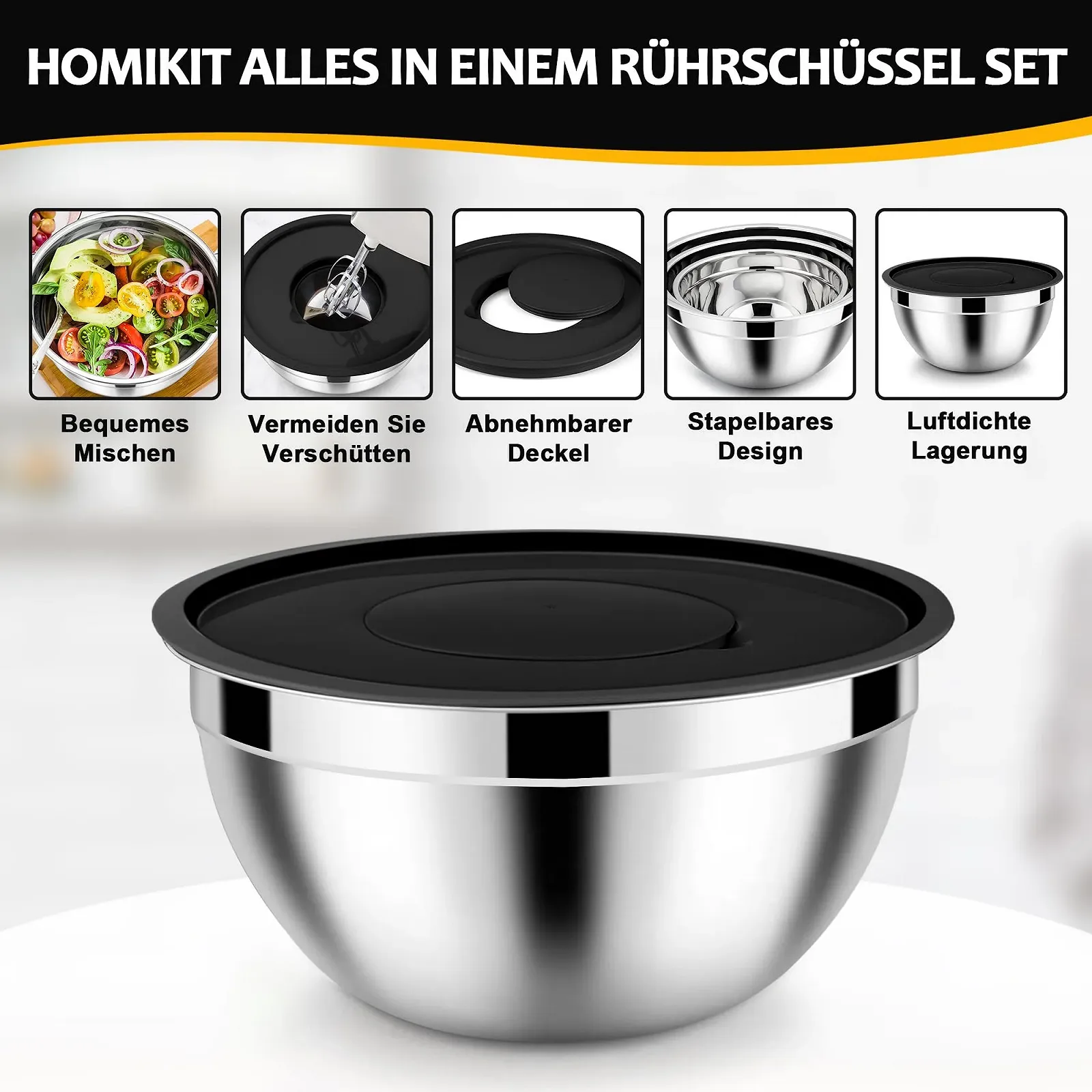 Набор мисок Homikit 3 шт. из нержавеющей стали с герметичными крышками и 3 терками 1,6 L / 2,8 L / 4,6 L Черный, фото №3 Набор мисок Homikit 3 шт. из нержавеющей стали с герметичными крышками и 3 терками 1,6 L / 2,8 L / 4,6 L Черный, фото №3