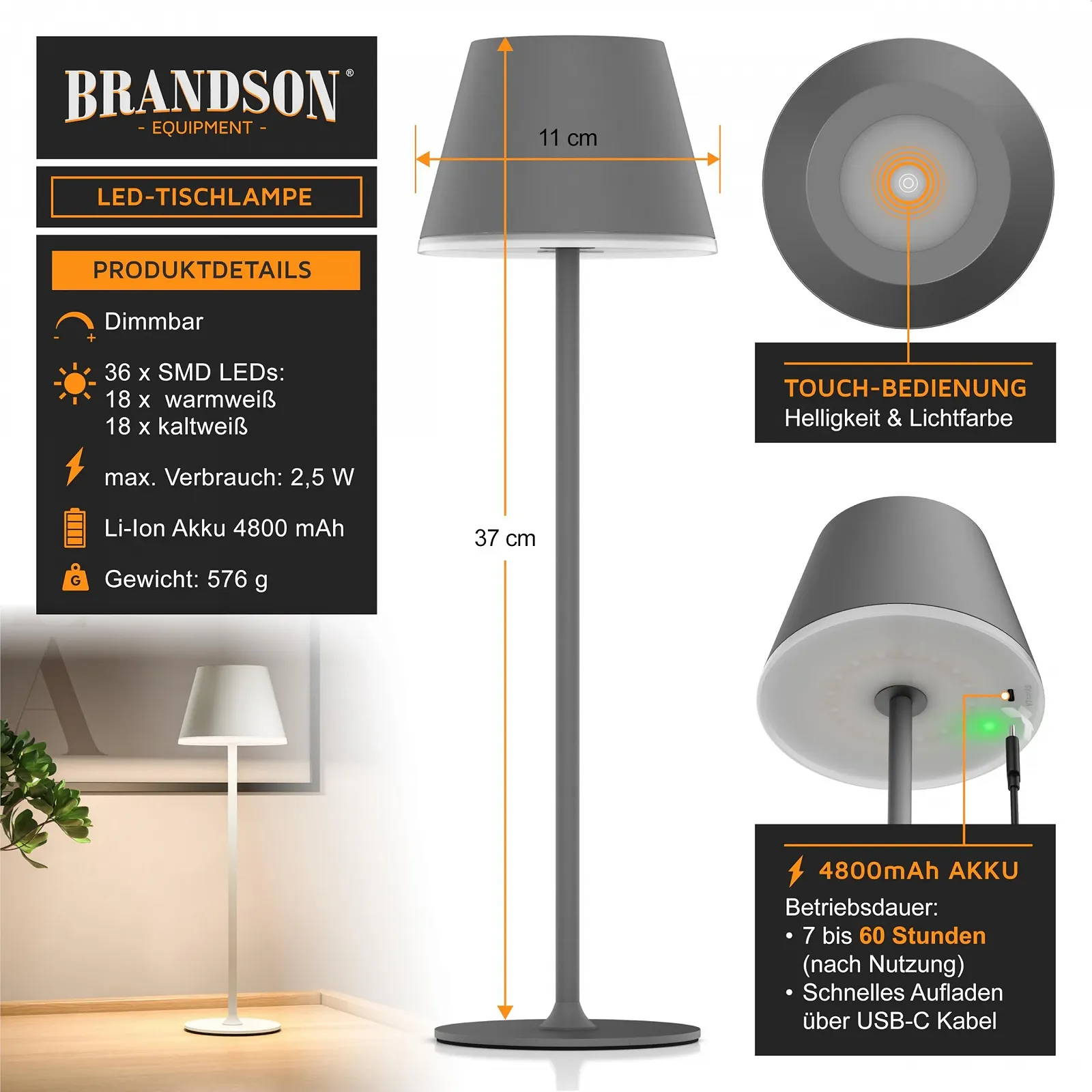 Настольная лампа CSL LED Аккумуляторная Бездротовая Сенсорная Димер Металл IP54 Антрацит, фото №2