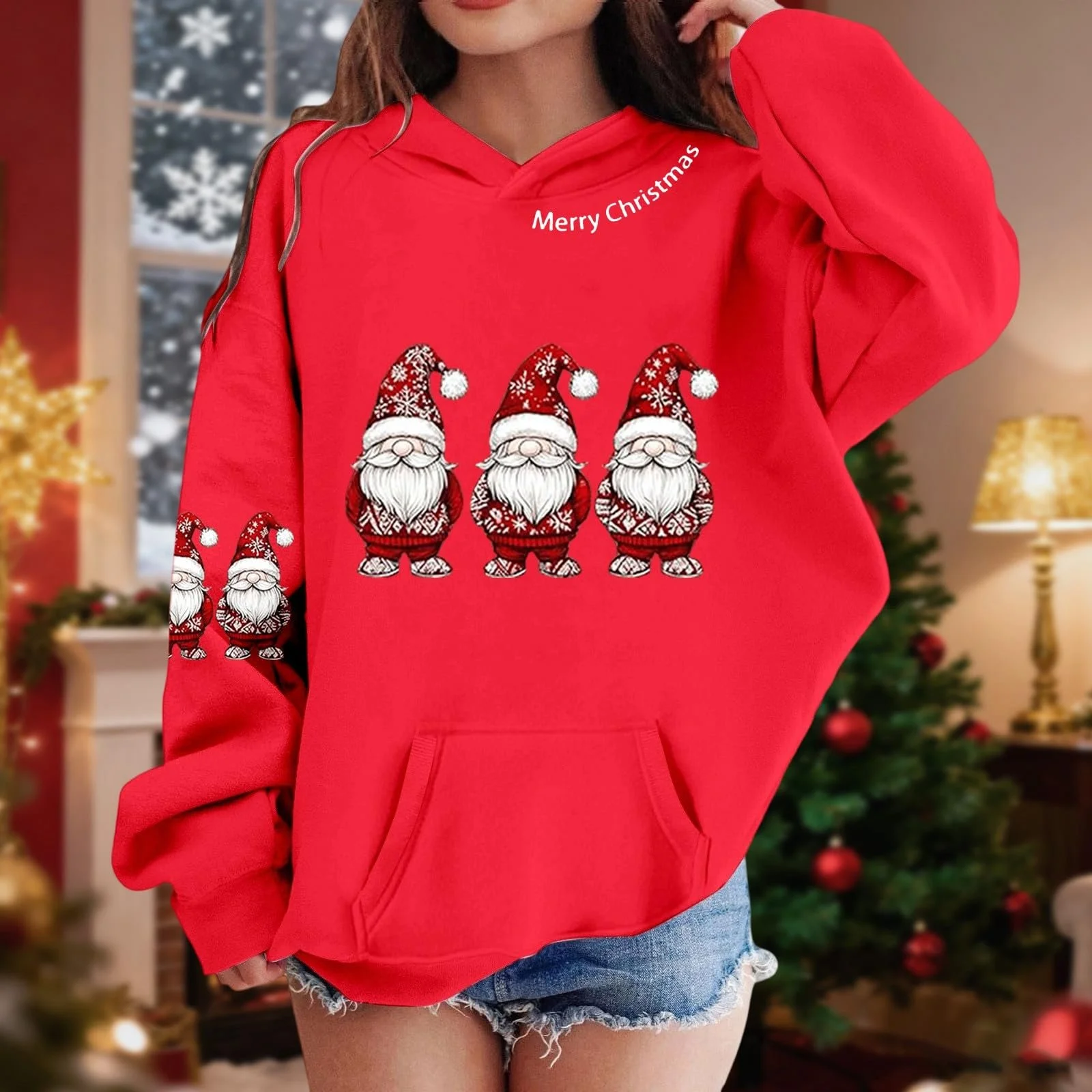 Рождественский пуловер для мальчиков, Толстовка с капюшоном для девочек, с длинными рукавами, с принтом, свободного кроя, уютная кофта для детей, мягкий флис, повседневная одежда, праздничная одежда, фото №3