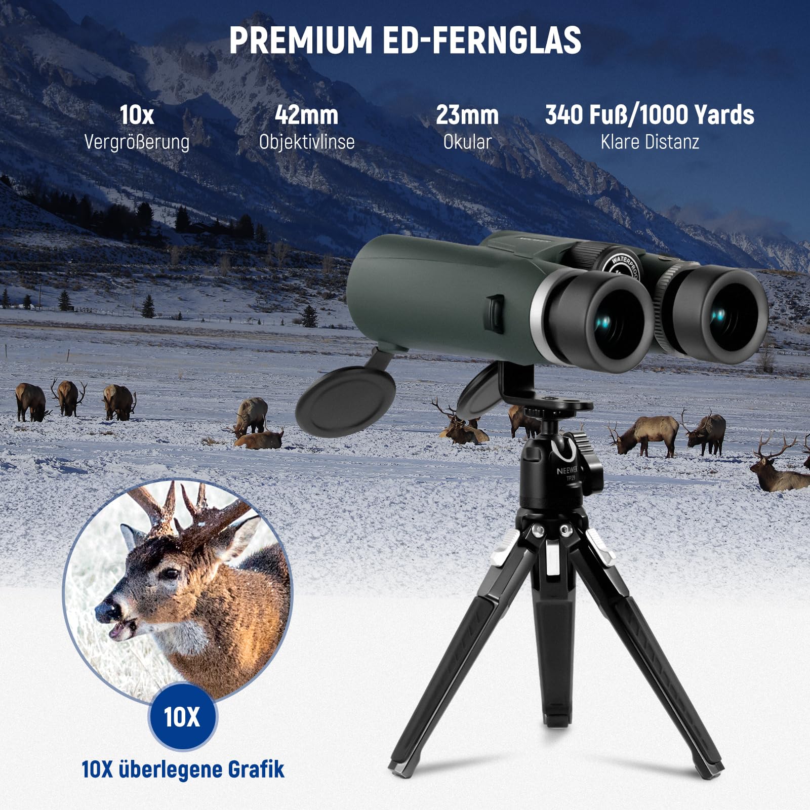 Біноклі NEEWER LS-T21 10X42 ED з тримачем для телефону/металевим штативом/сумкою IPX7 Водонепроникні Антифогові FMC BAK-4 Призма, фото №2