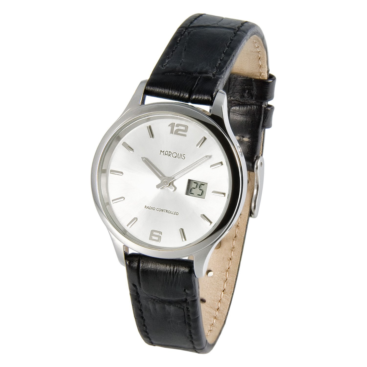 Женские радиоуправляемые часы MARQUIS Elegant Junghans movement Ремешок из черной кожи, корпус из нержавеющей стали 964.4782, черный, полосатый, фото №1