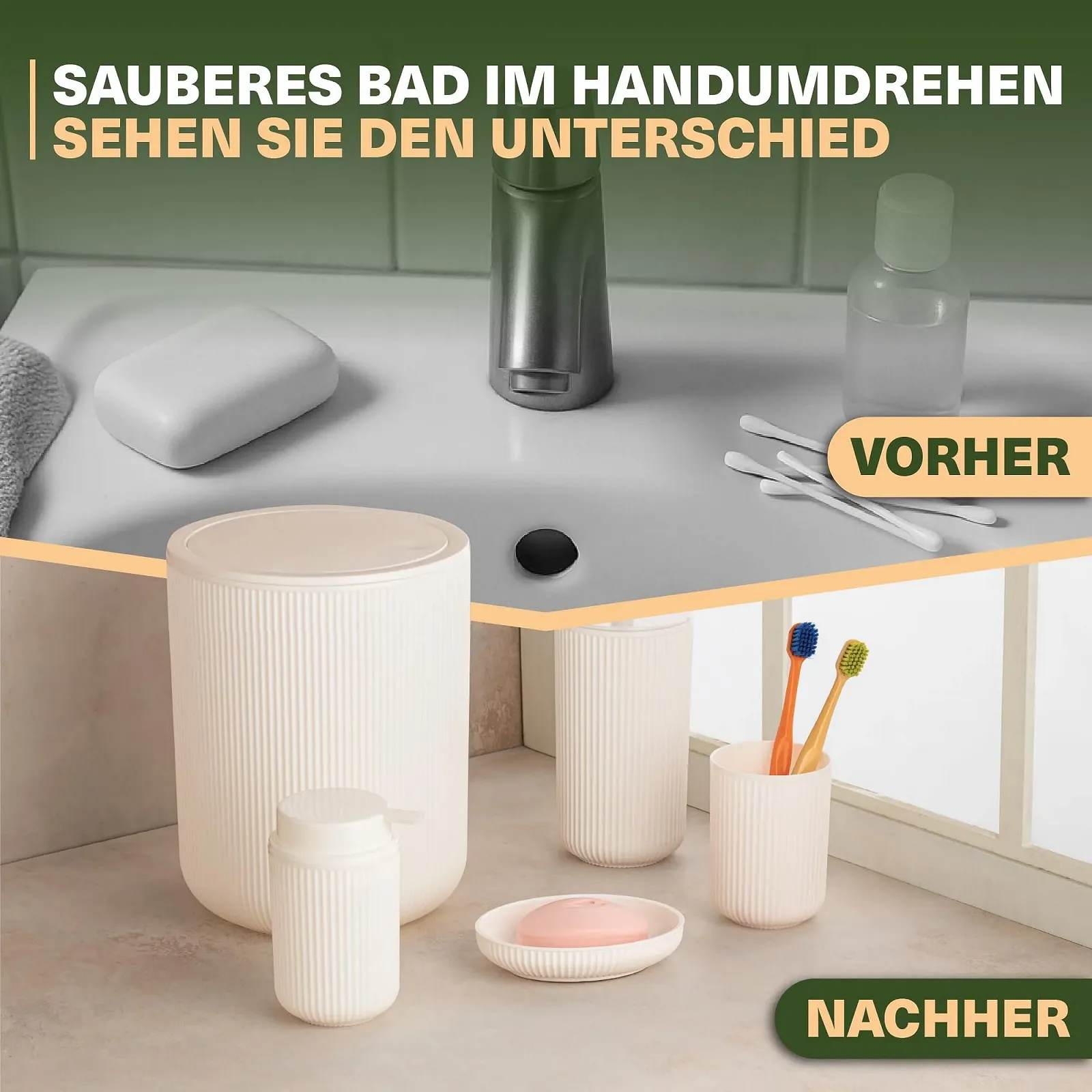 Набор аксессуаров для ванной комнаты Viwares 5 предметов бежевый туалетный ершик, дозатор для мыла, стакан для зубных щеток, мыльница и мусорное ведро, фото №6 Набор аксессуаров для ванной комнаты Viwares 5 предметов бежевый туалетный ершик, дозатор для мыла, стакан для зубных щеток, мыльница и мусорное ведро, фото №6