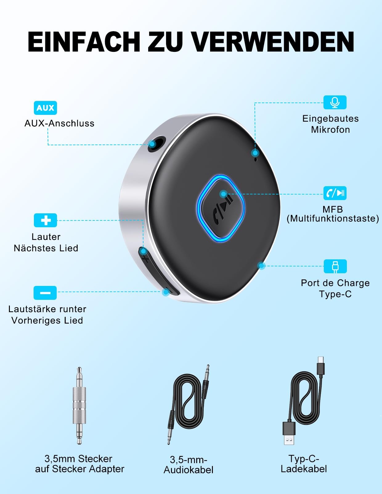 AUX Bluetooth адаптер Mohard для автомобиля, беспроводной Bluetooth 5.3 приемник для домашней стереосистемы/проводных наушников, Bluetooth адаптер AUX 3.5 мм, автомобильный эквалайзер, двойное подключение, 16 часов воспроизведения, фото №5