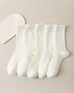 Носки Yawlsow с рюшами 5 пар Женские Милые Комфортные Мягкие Кружевные Бежевые Носки-следки Дышащие Kawaii для девушек и женщин synthetic.ua - Фото 1