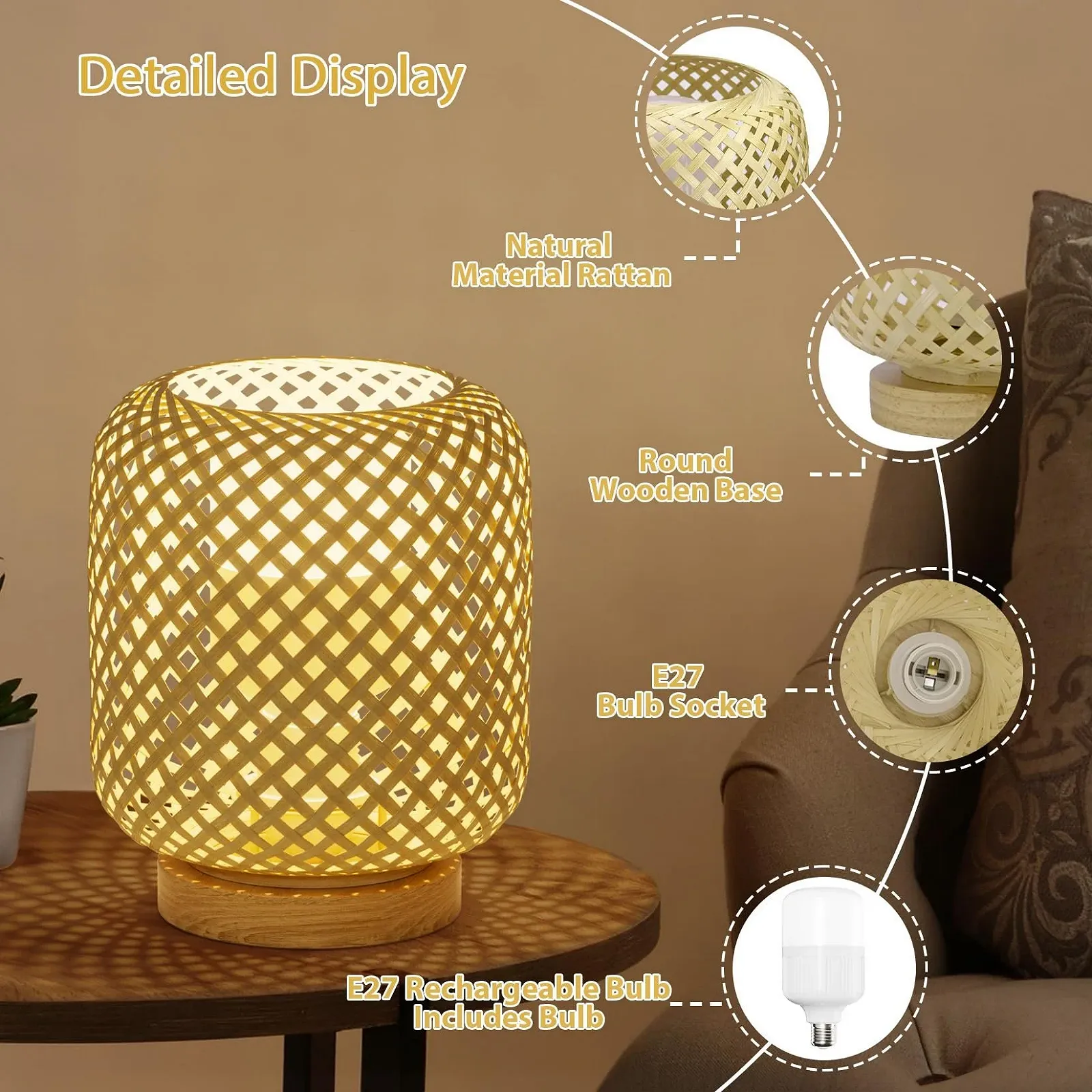 Настільна лампа Klighten 2 шт. Dimmable Rattan Bamboo Wood Wireless Battery 5500 mAh 7 Вт, фото №5