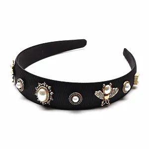 Обруч для волос с жемчугом и кристаллами Черный - Фото 1