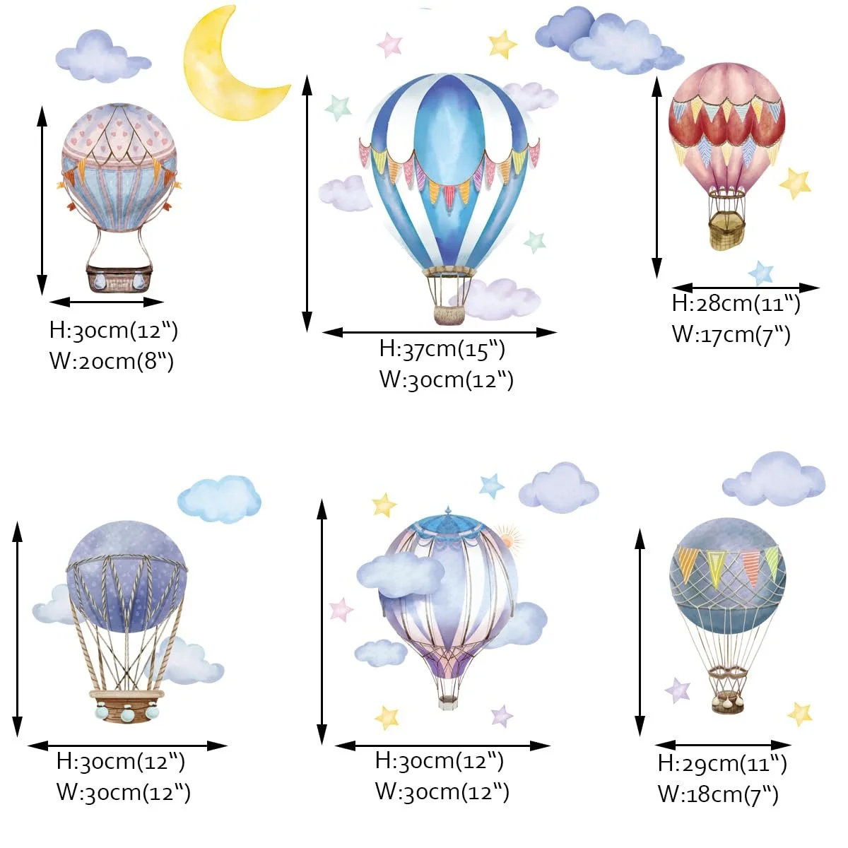 Наклейка на стіну Runtoo Hot Air Balloon великі барвисті місяць зірки хмари, фото №4