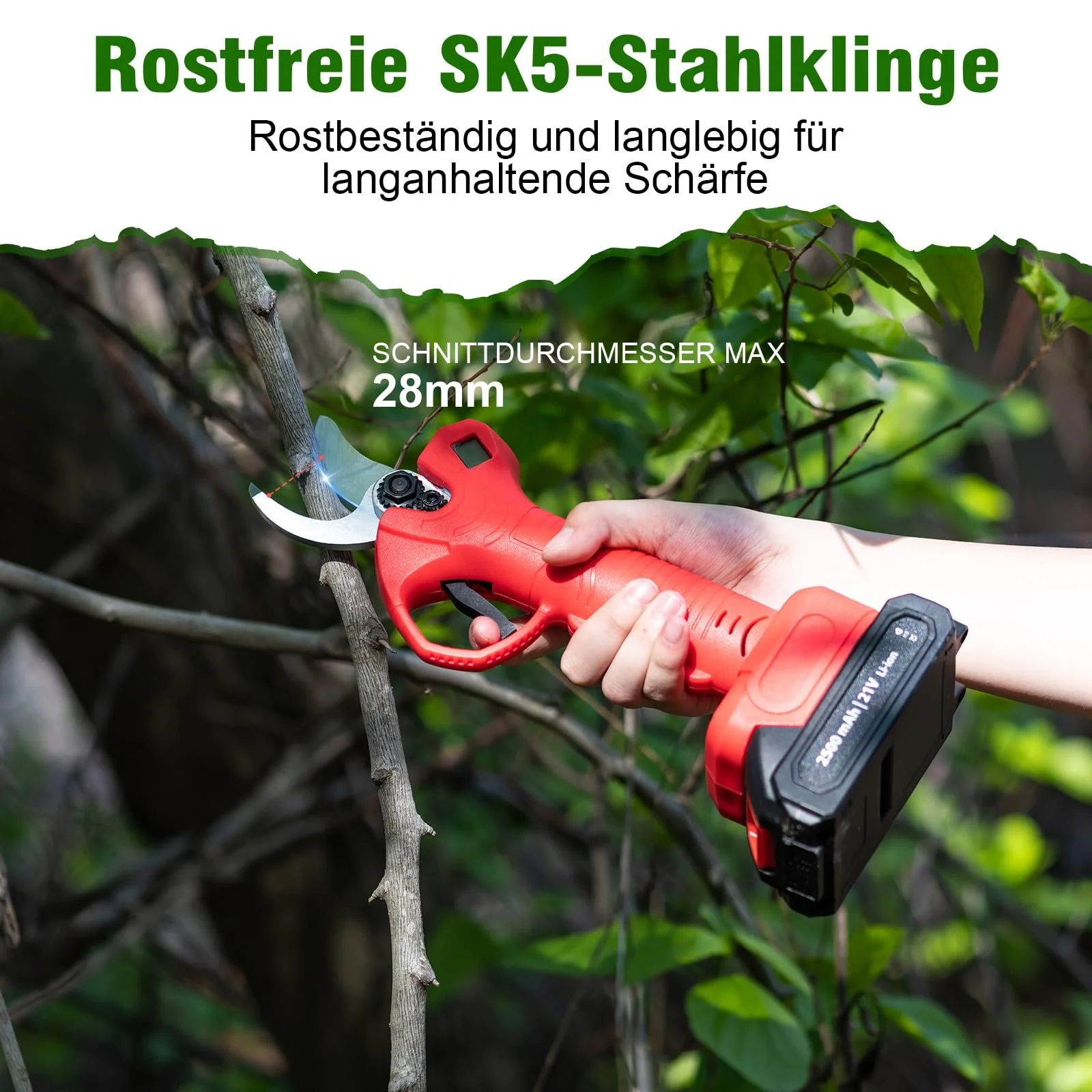 Секатор акумуляторний CHANGEMOORE 21 V з 2 акумуляторами 2,5 А·год, зарядним пристроєм, 8 годинами роботи, штанговий сучкоріз 28 мм з РК-дисплеєм, для саду, гілок і фруктових садів, фото №3