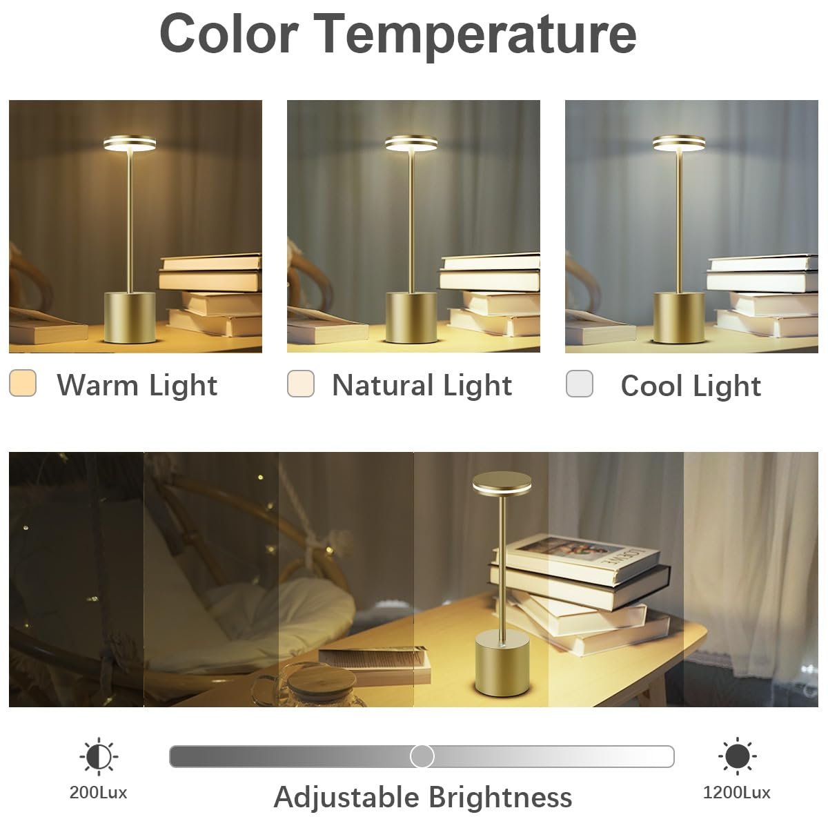 Настільна лампа LED 5000 mAh Бездротова Акумуляторна з регулюванням яскравості 3 колірні температури USB Сенсорна Бронза, фото №4