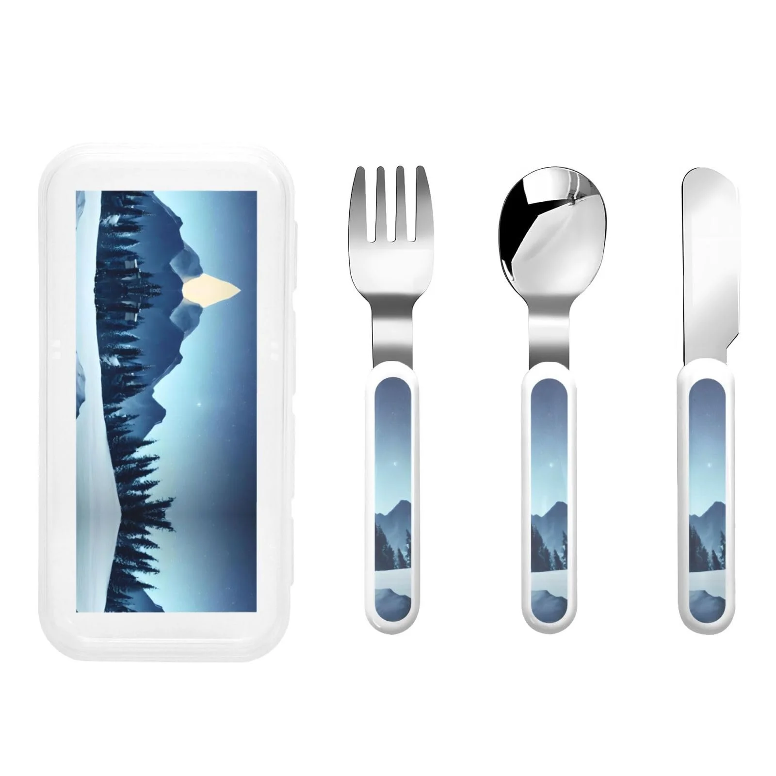 Набір дитячих столових приборів з принтом "Засніжений ліс", на три предмети, фото №1 Набір дитячих столових приборів з принтом "Засніжений ліс", на три предмети, фото №1